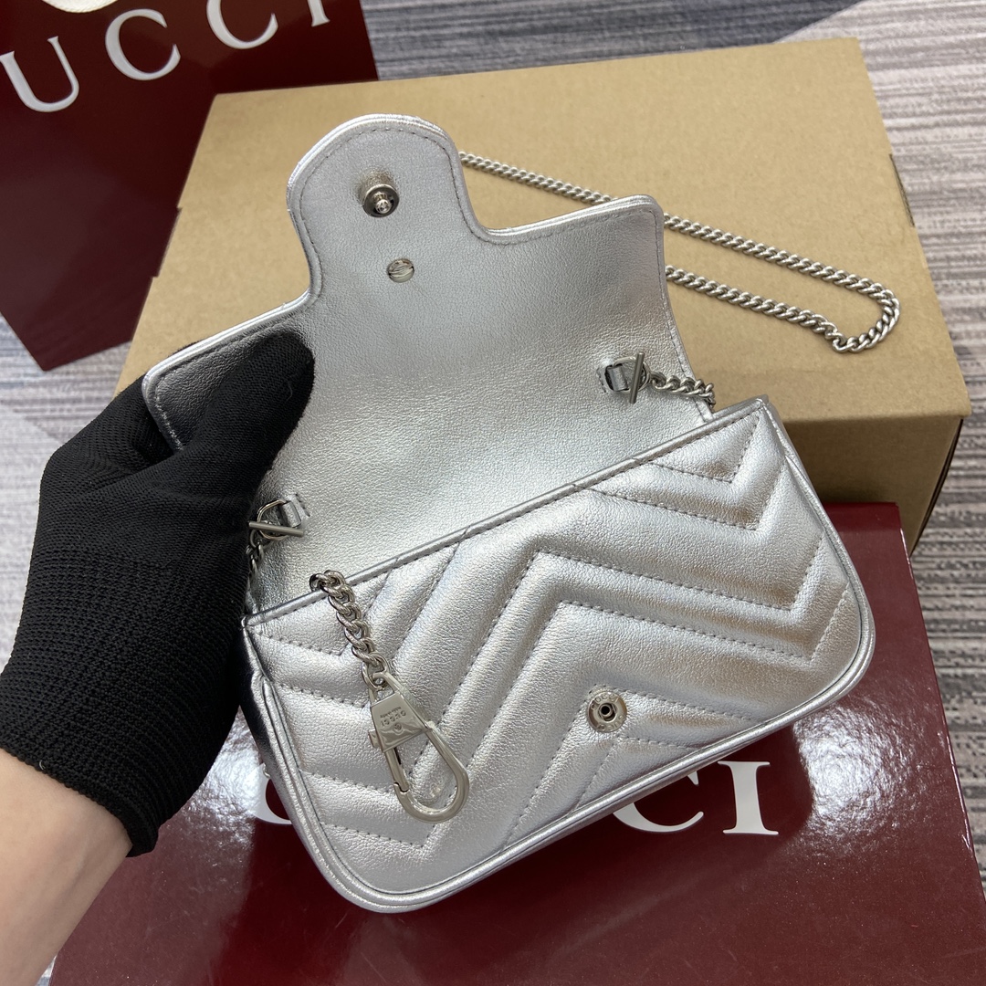 GUCCI GG Marmont Super Mini Shoulder Bag - Silver Leather