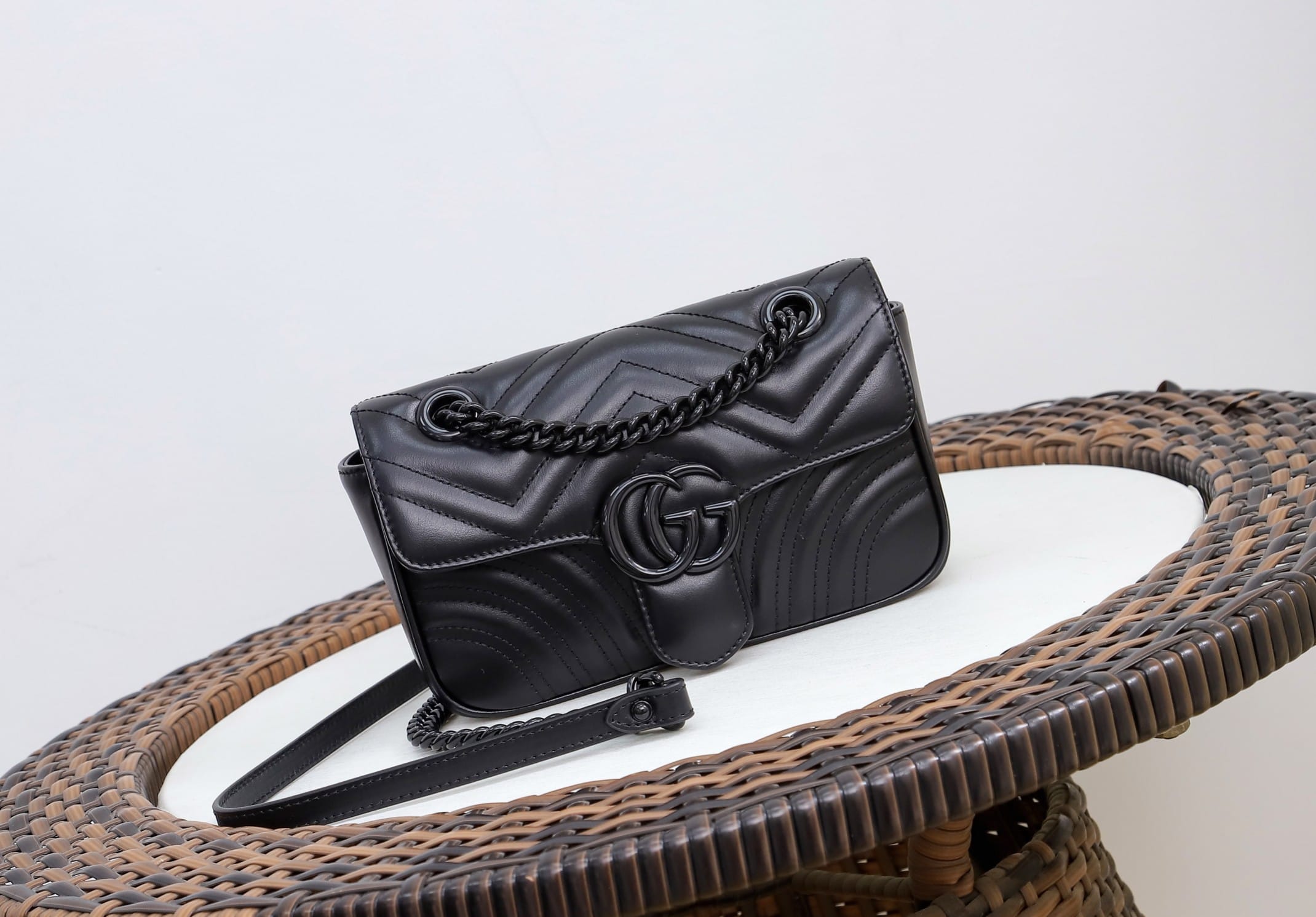 GUCCI GG Marmont Mini Shoulder Bag - Black Leather & Black Hardware