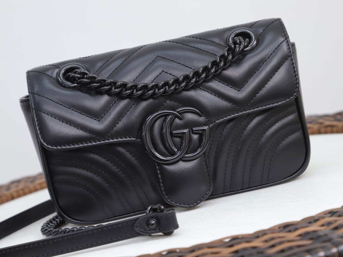 GUCCI GG Marmont Mini Shoulder Bag - Black Leather & Black Hardware