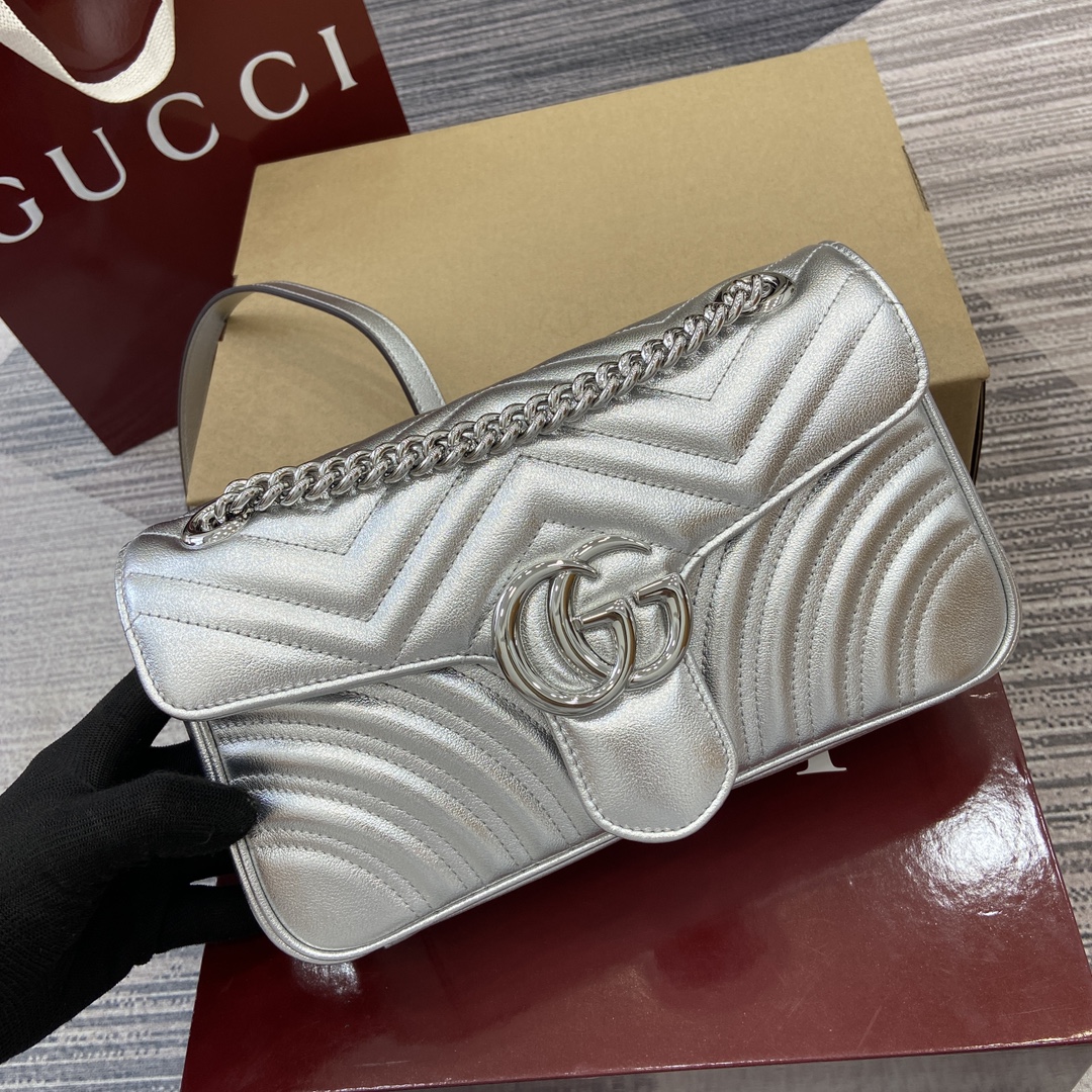 GUCCI GG Marmont Small Shoulder Bag - Silver Leather