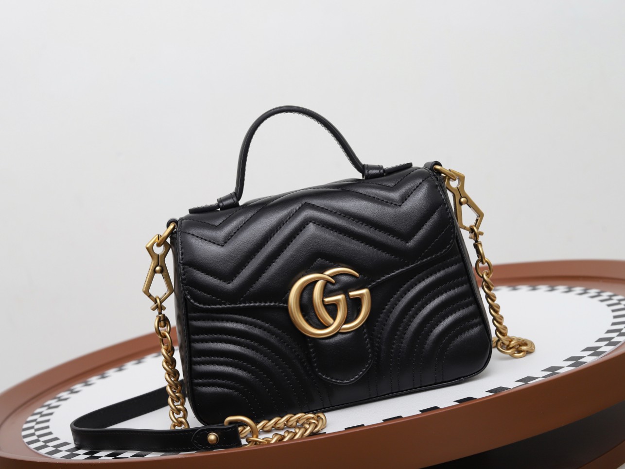 GUCCI GG Marmont Mini Top Handle Bag - Black Leather