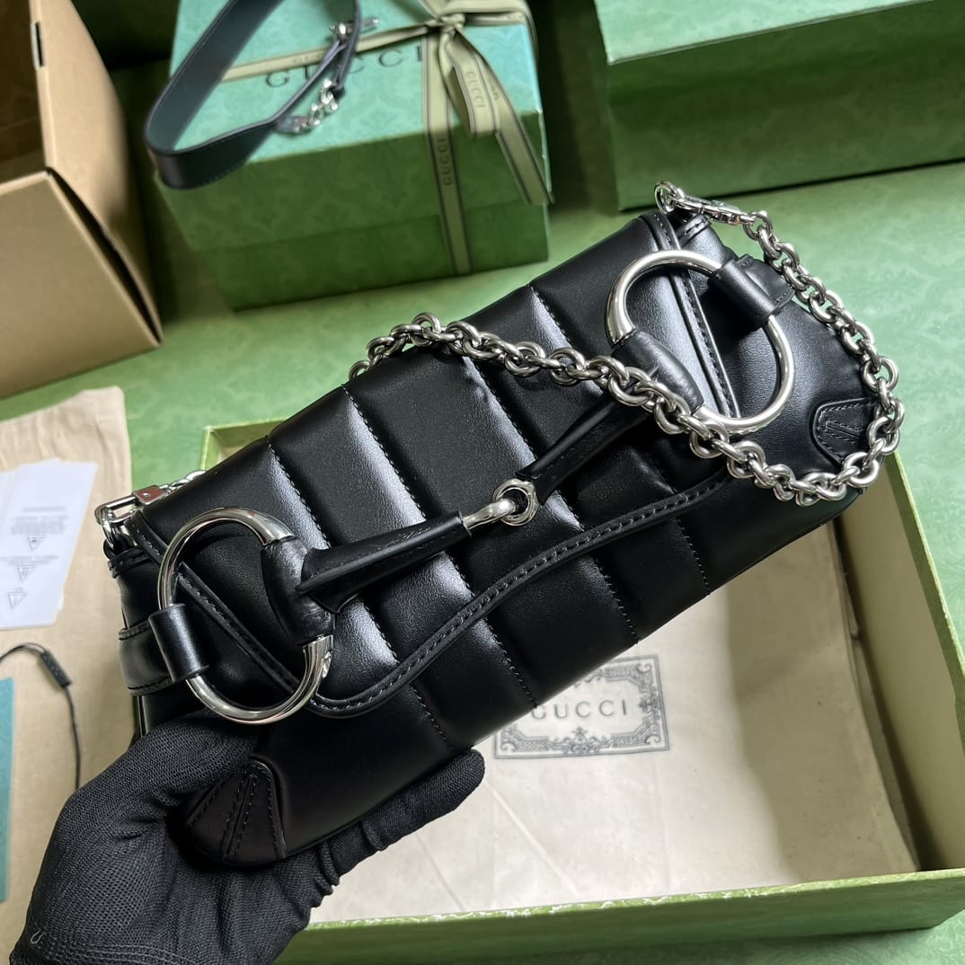 GUCCI Horsebit Chain Small Shoulder Bag - Black Leather