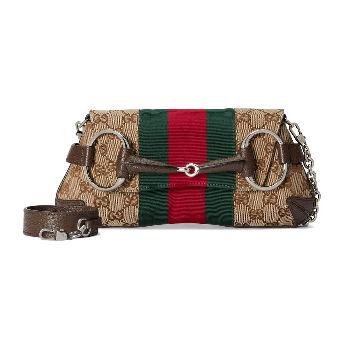 GUCCI Horsebit Chain Small Shoulder Bag - Beige Canvas & Brown Leather