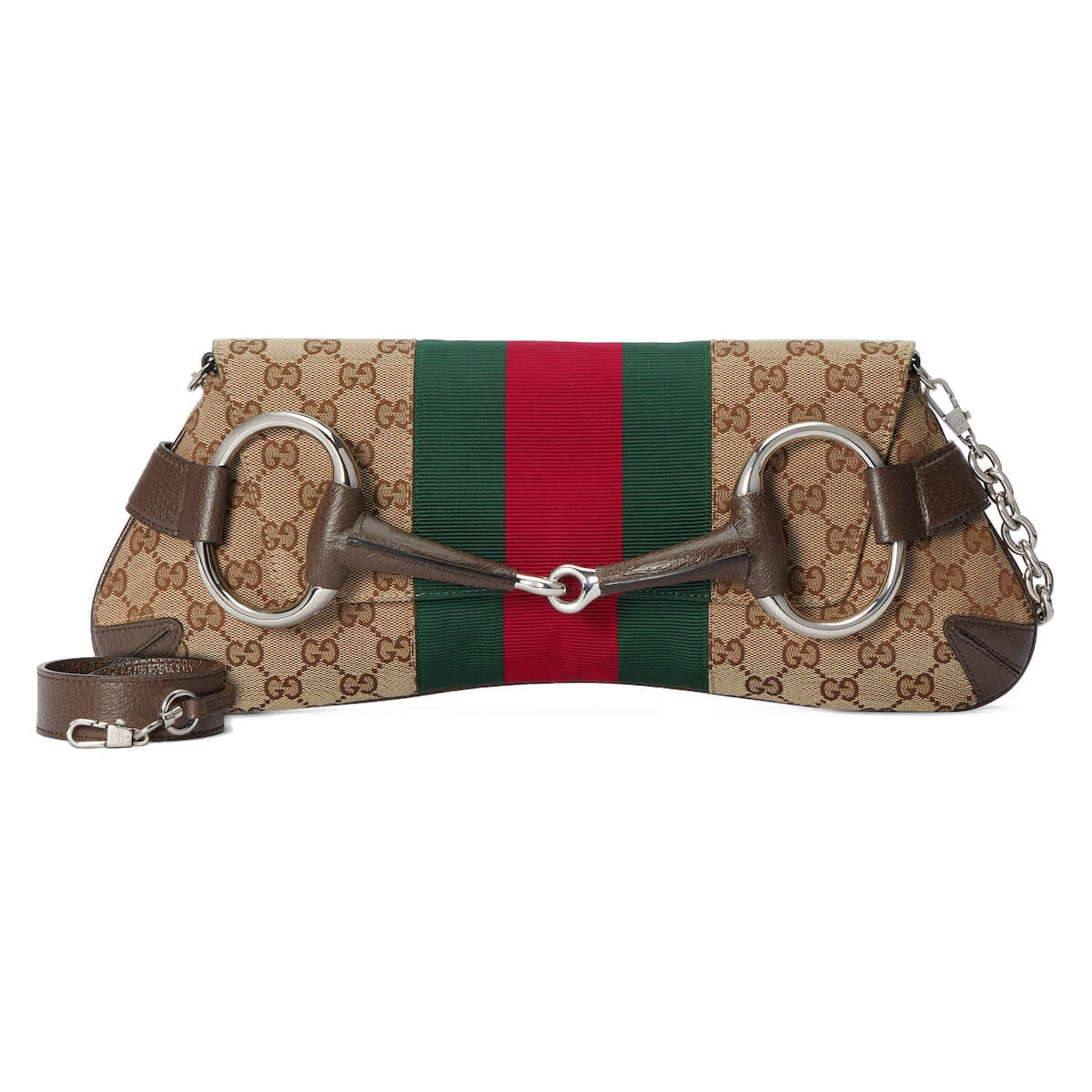 GUCCI Horsebit Chain Medium Shoulder Bag - Beige Canvas & Brown Leather