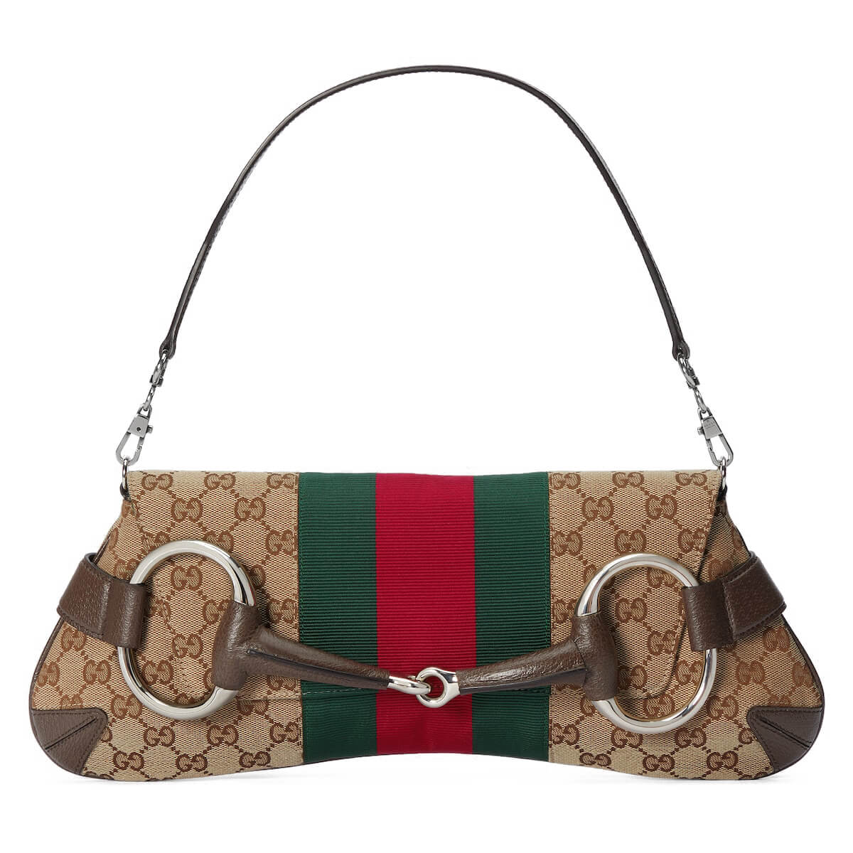 GUCCI Horsebit Chain Medium Shoulder Bag - Beige Canvas & Brown Leather