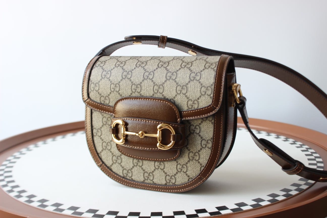 GUCCI Horsebit 1955 Mini Rounded Shoulder Bag - Beige Canvas & Brown Leather