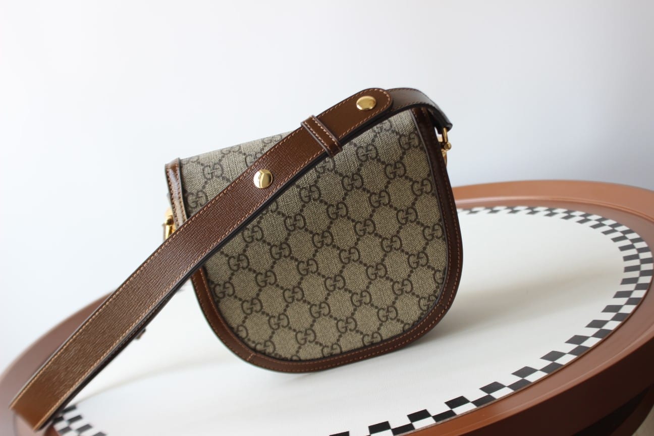 GUCCI Horsebit 1955 Mini Rounded Shoulder Bag - Beige Canvas & Brown Leather