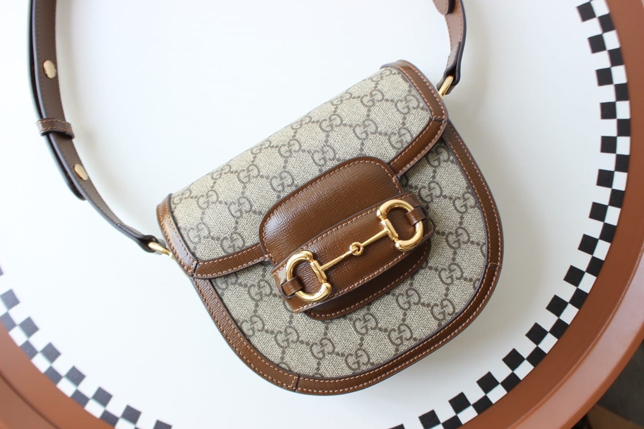 GUCCI Horsebit 1955 Mini Rounded Shoulder Bag - Beige Canvas & Brown Leather