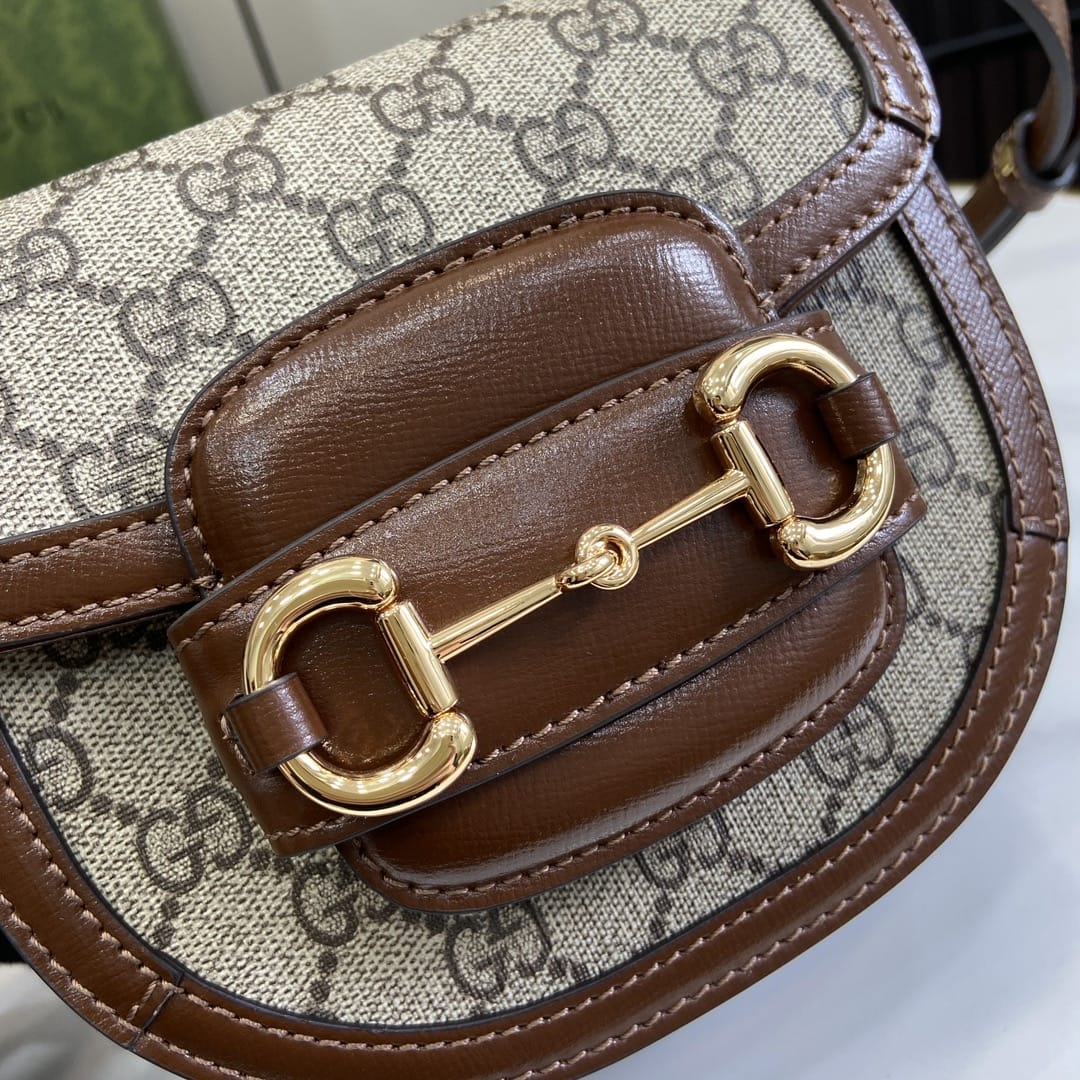 GUCCI Horsebit 1955 Mini Top Handle Bag - Beige Canvas & Brown Leather