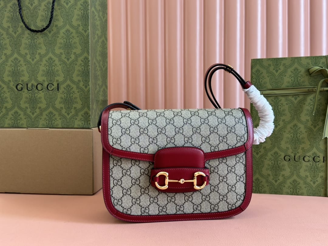 GUCCI Horsebit 1955 Small Shoulder Bag - Beige Canvas & Red Leather