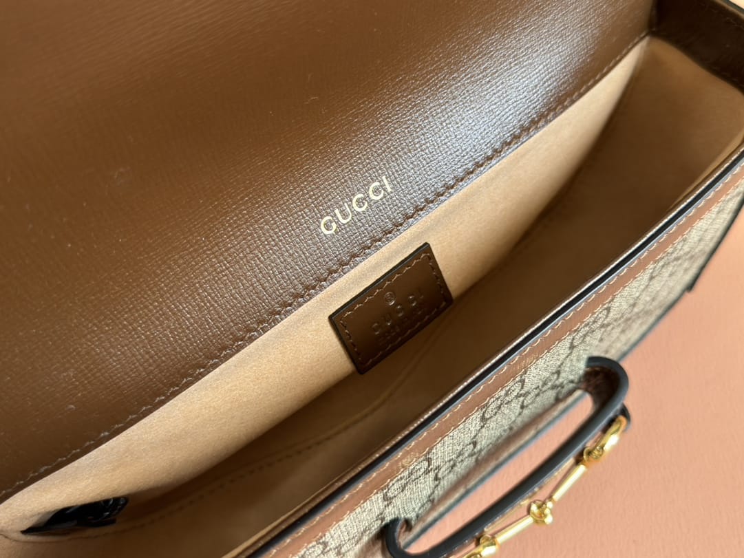 GUCCI Horsebit 1955 Small Top Handle Shoulder Bag - Beige Canvas & Brown Leather