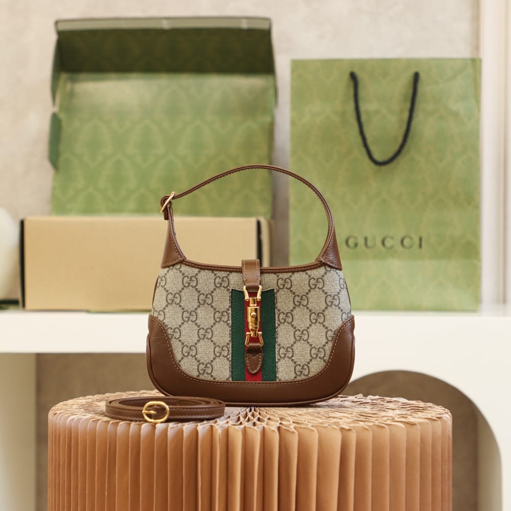 GUCCI Jackie 1961 Mini Shoulder Bag - Beige Canvas & Brown Leather