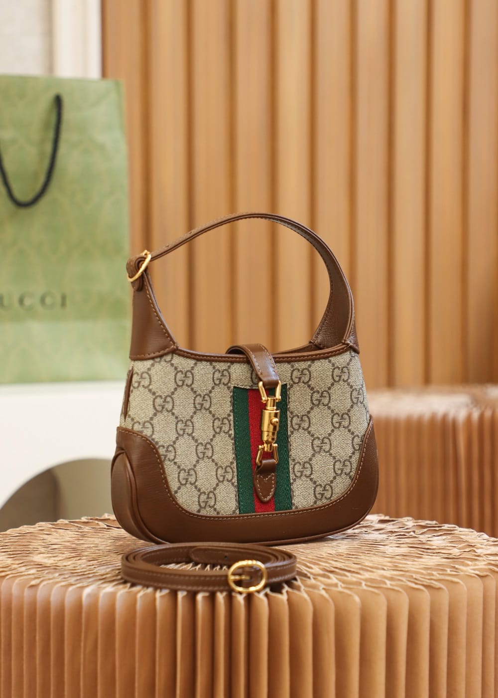 GUCCI Jackie 1961 Mini Shoulder Bag - Beige Canvas & Brown Leather