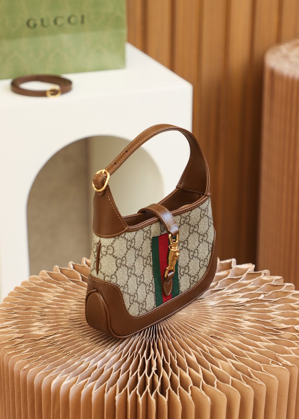 GUCCI Jackie 1961 Mini Shoulder Bag - Beige Canvas & Brown Leather