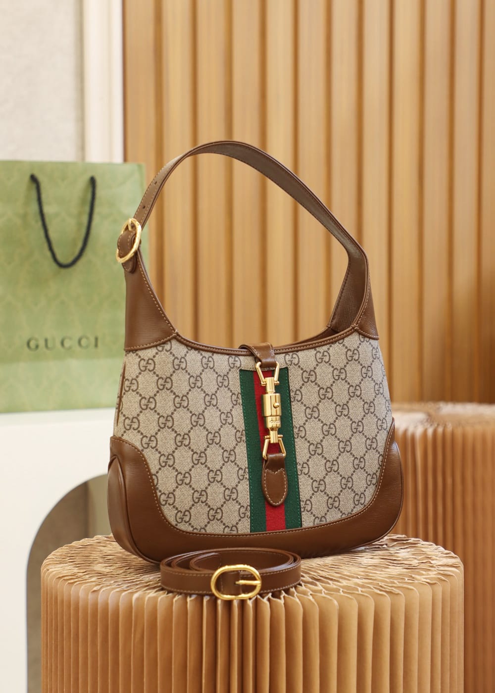 GUCCI Jackie 1961 Small Shoulder Bag - Beige Canvas & Brown Leather