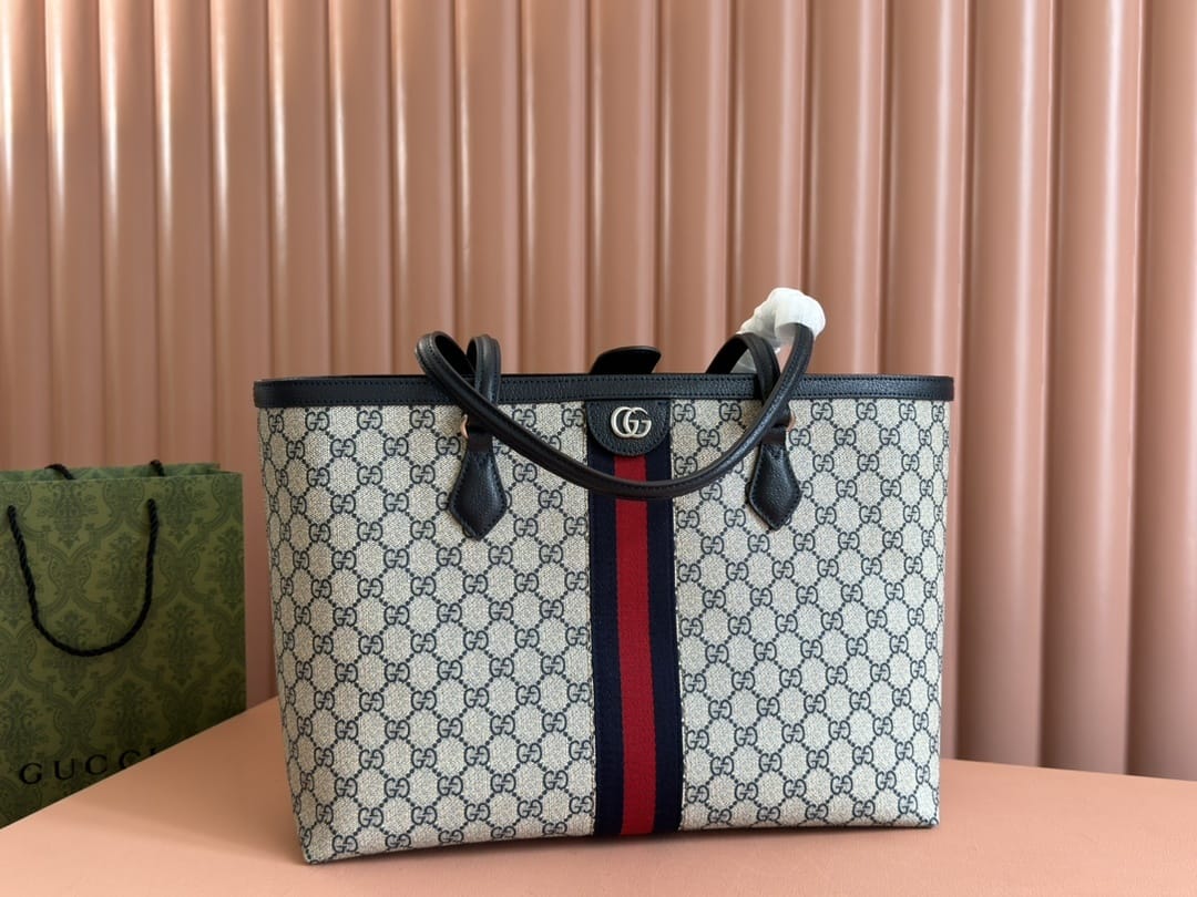 GUCCI Ophidia Medium Tote Bag - Beige and Blue GG Supreme