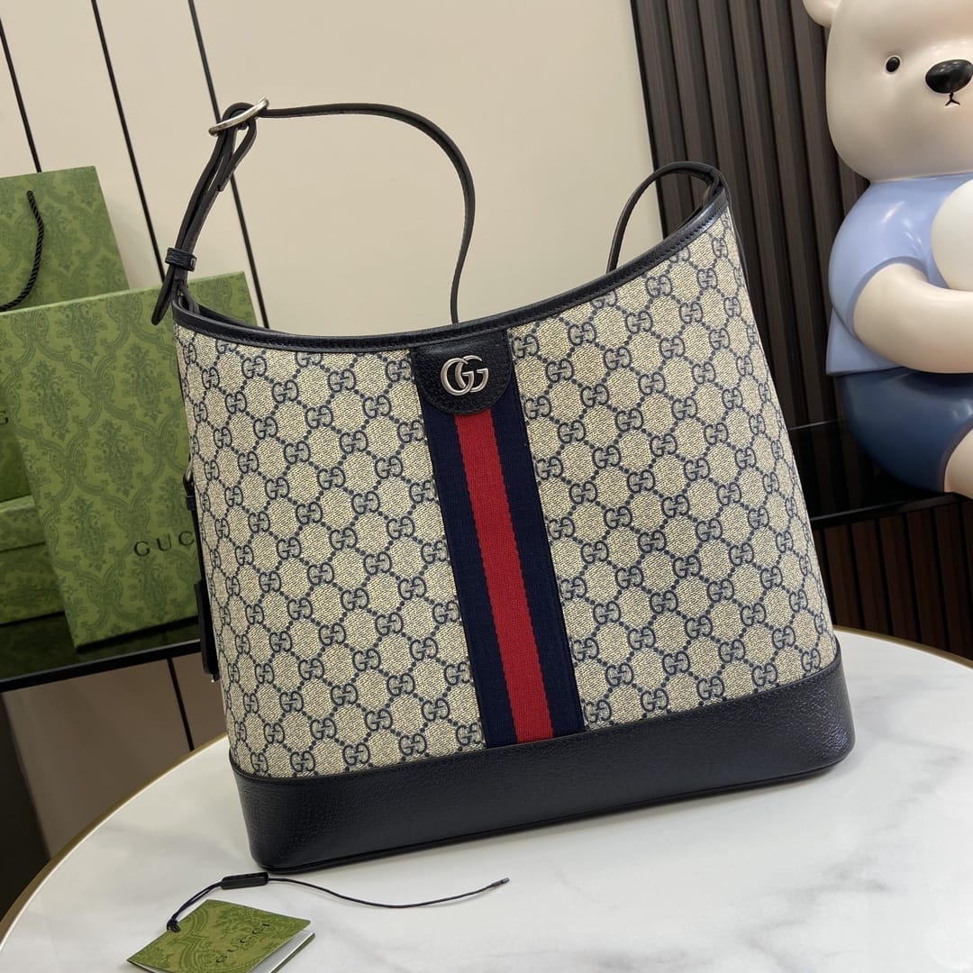 GUCCI Ophidia Medium Shoulder Bag - Beige and Blue GG Supreme