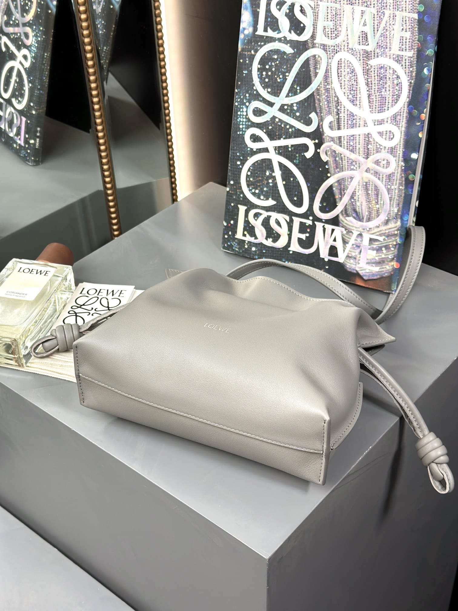 LOEWE Mini Flamenco Clutch Bag In Nappa Calfskin - Pearl Grey