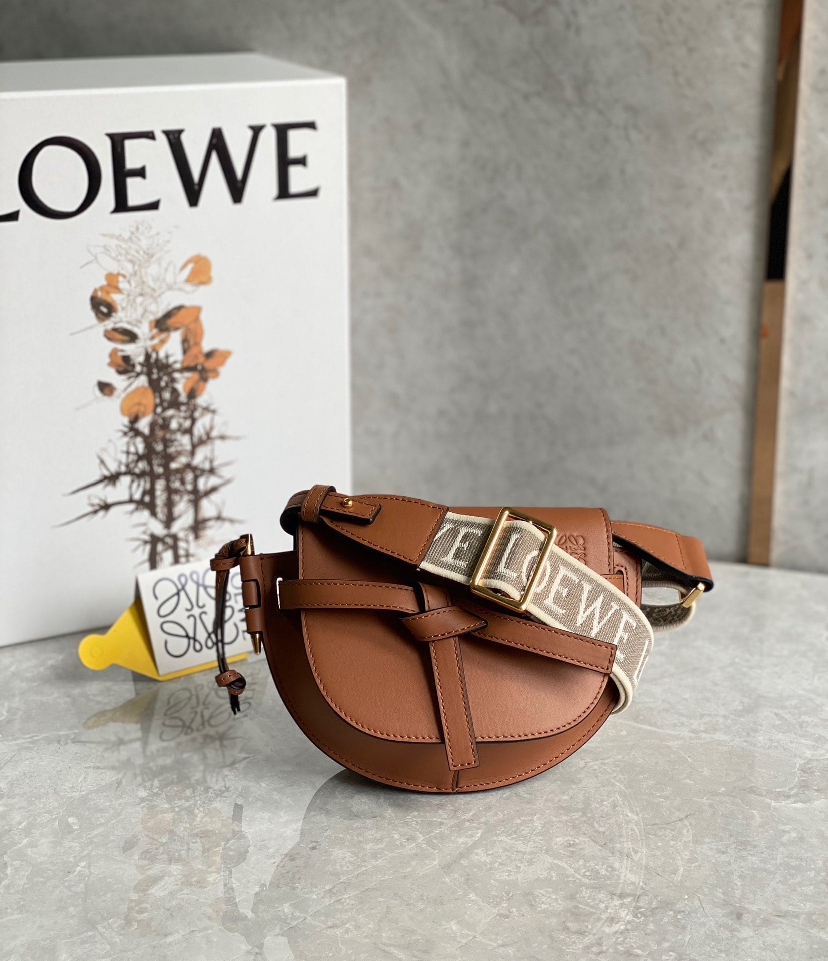 LOEWE Mini Gate Dual Bag In Soft Calfskin And Jacquard - Tan