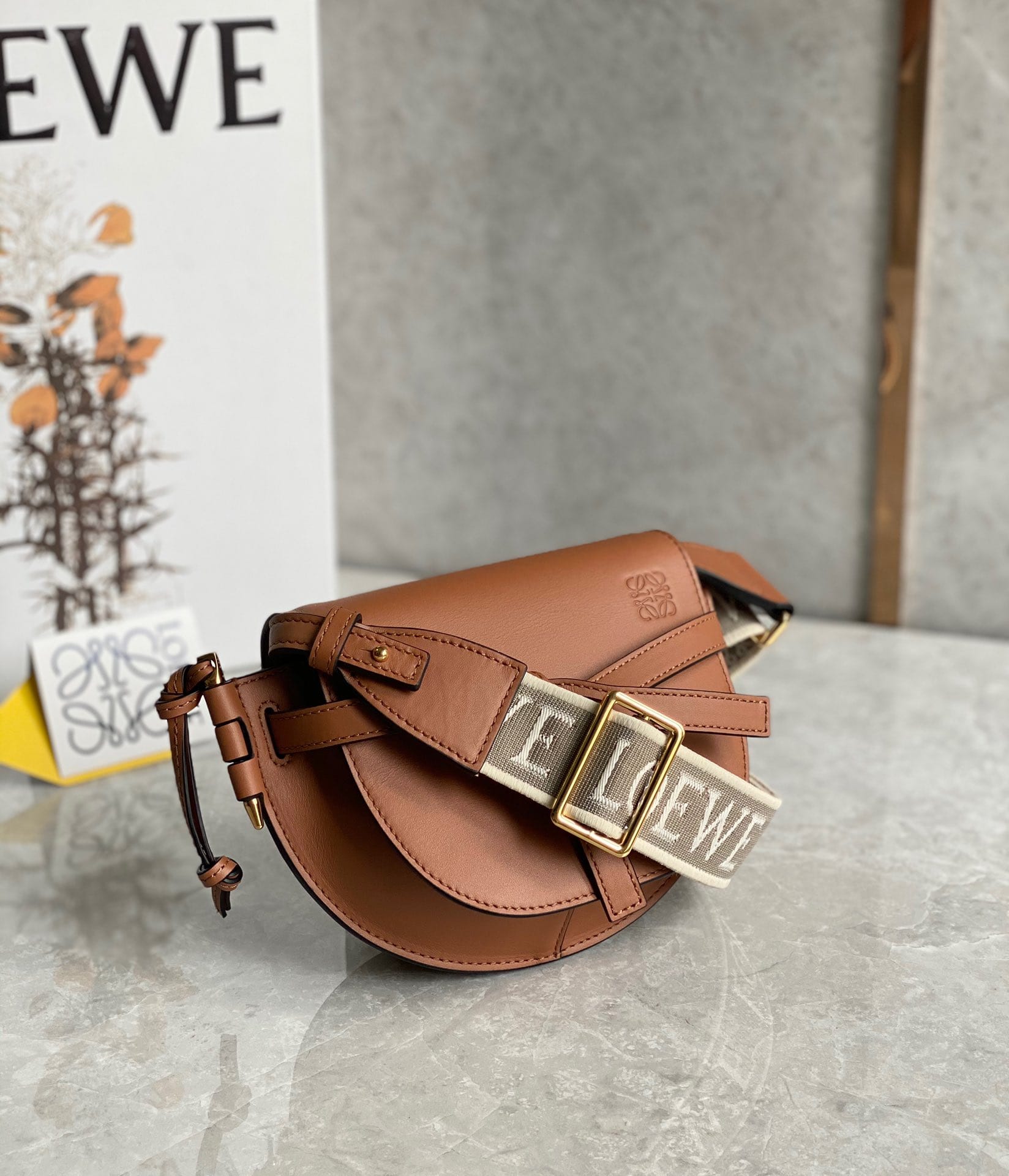 LOEWE Mini Gate Dual Bag In Soft Calfskin And Jacquard - Tan