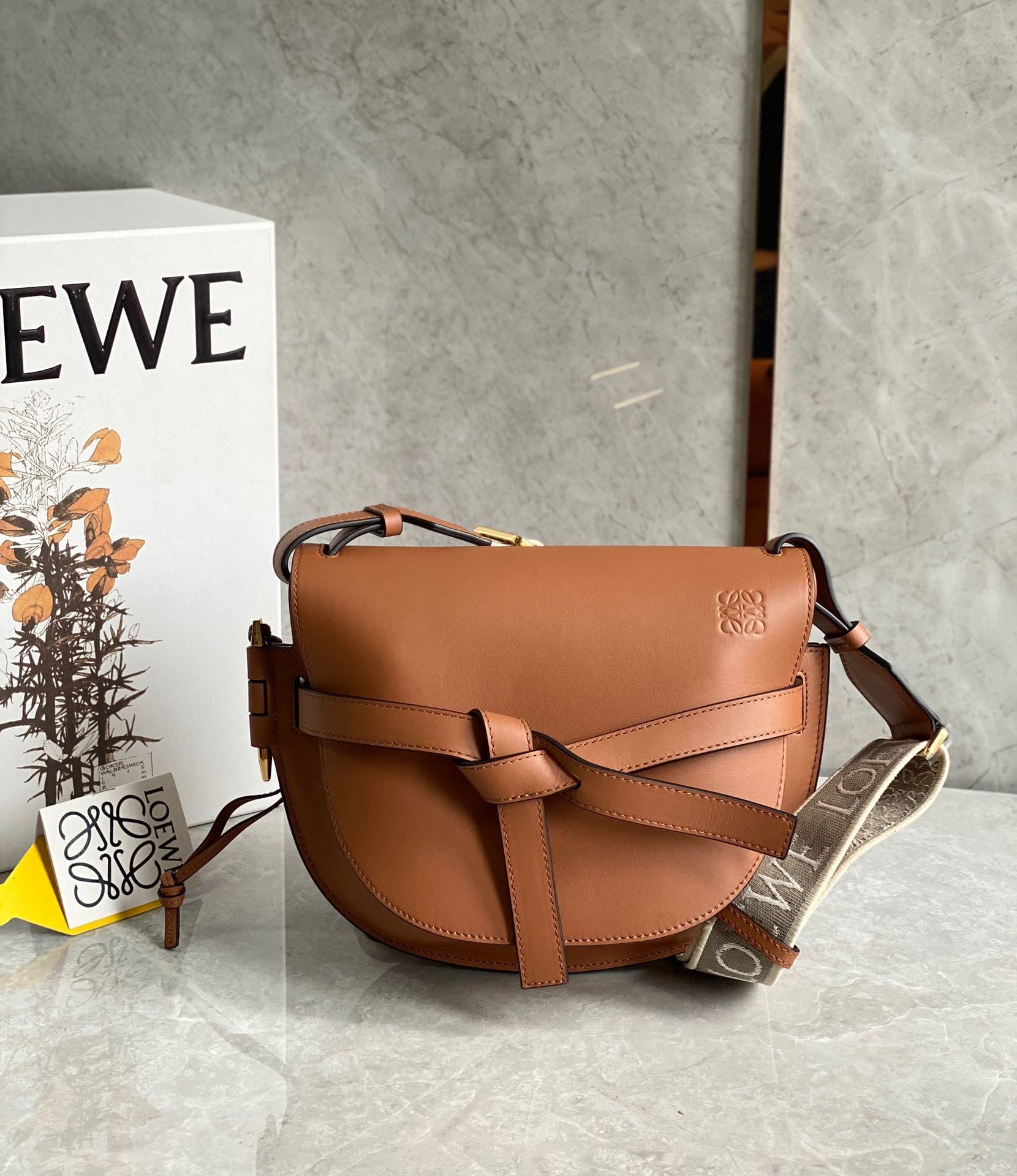 LOEWE Small Gate Dual Bag In Soft Calfskin And Jacquard - Tan