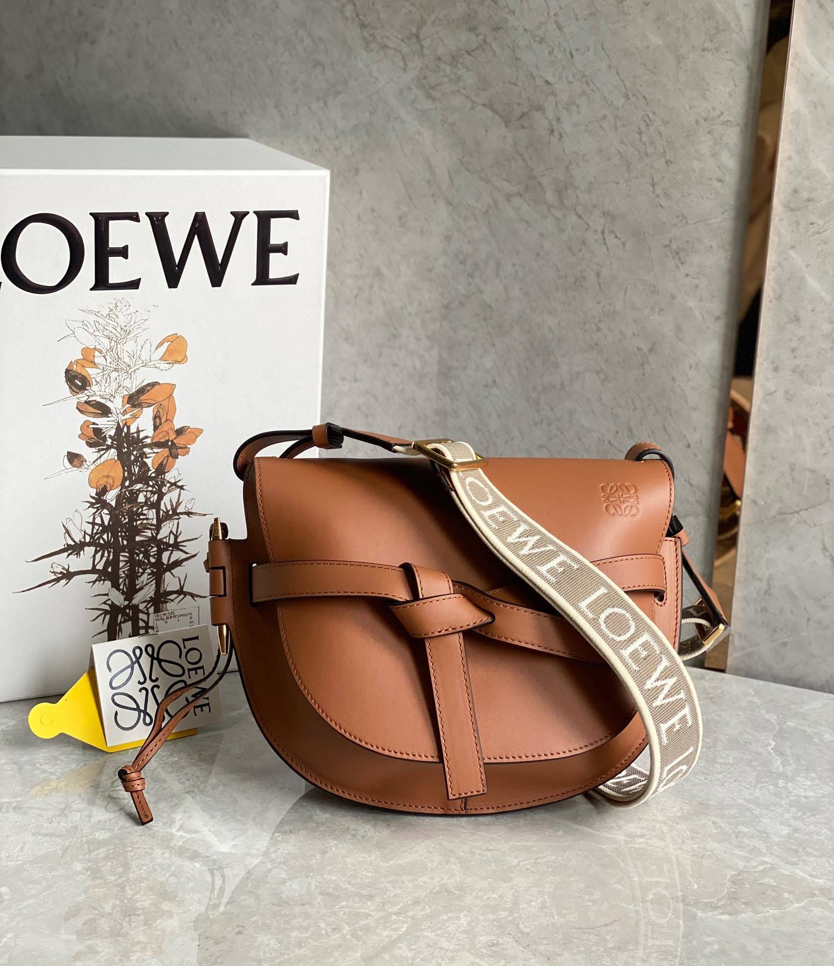 LOEWE Small Gate Dual Bag In Soft Calfskin And Jacquard - Tan