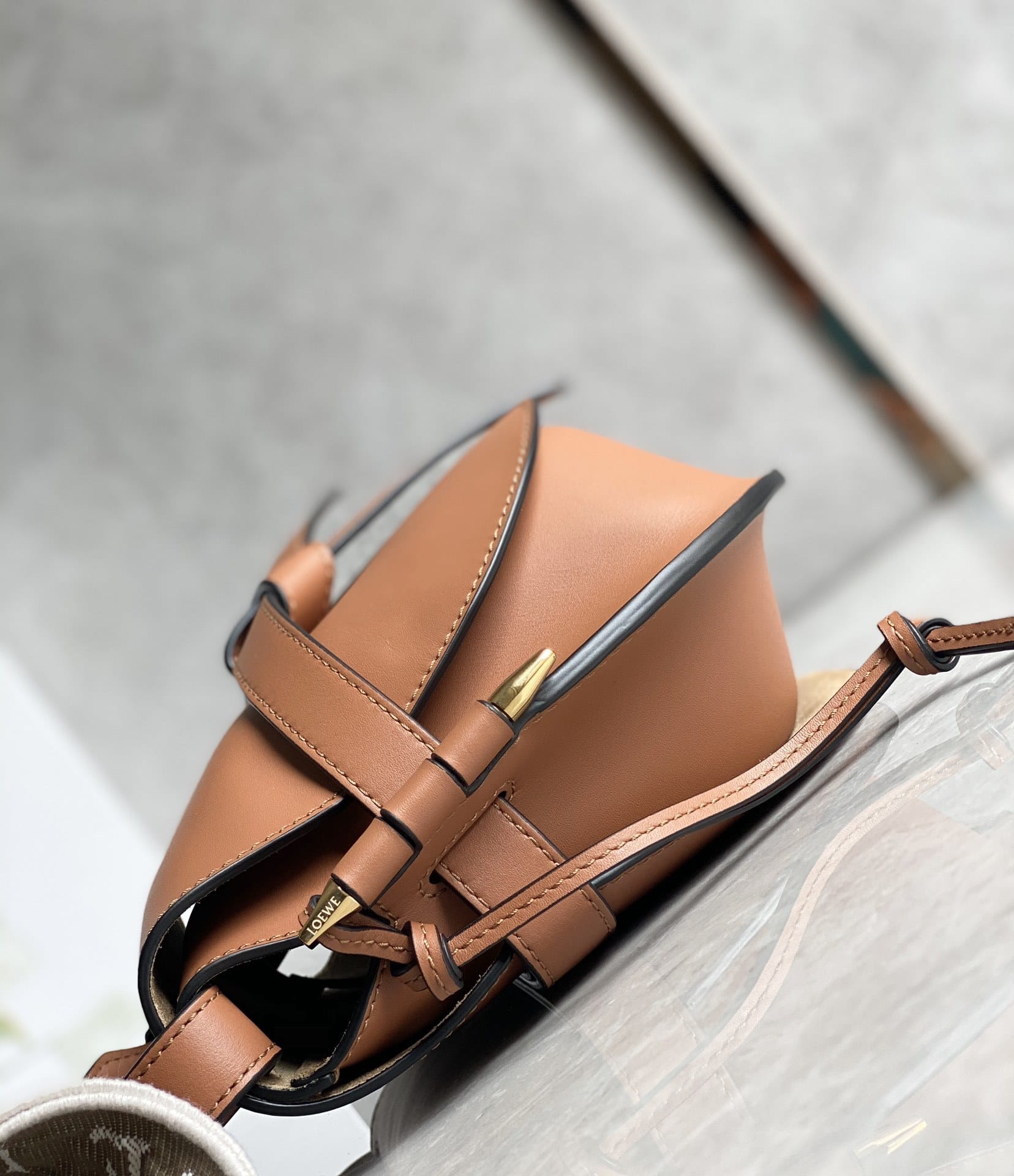 LOEWE Small Gate Dual Bag In Soft Calfskin And Jacquard - Tan