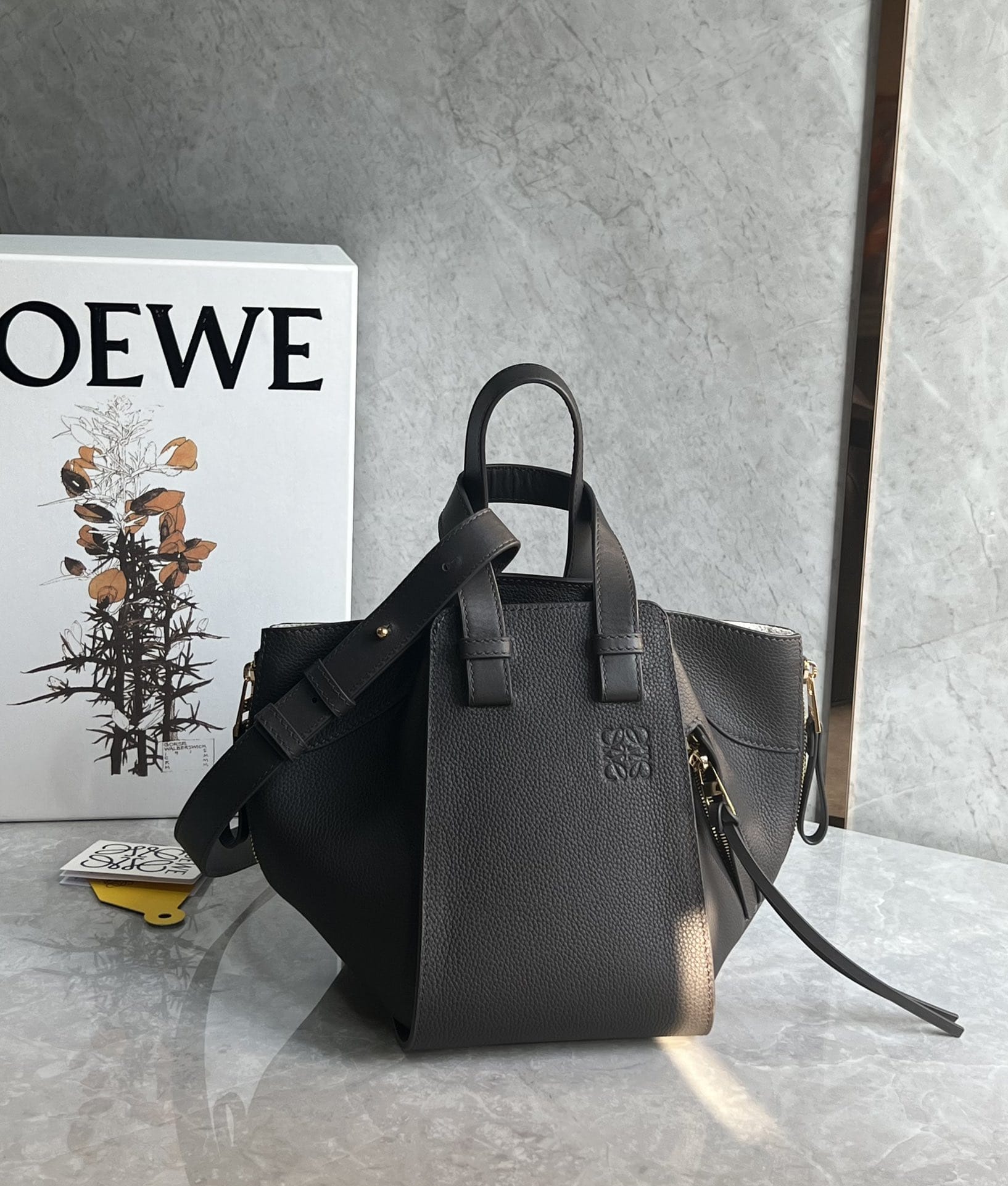 LOEWE Compact Hammock Bag In Soft Grained Calfskin - Dark Grey