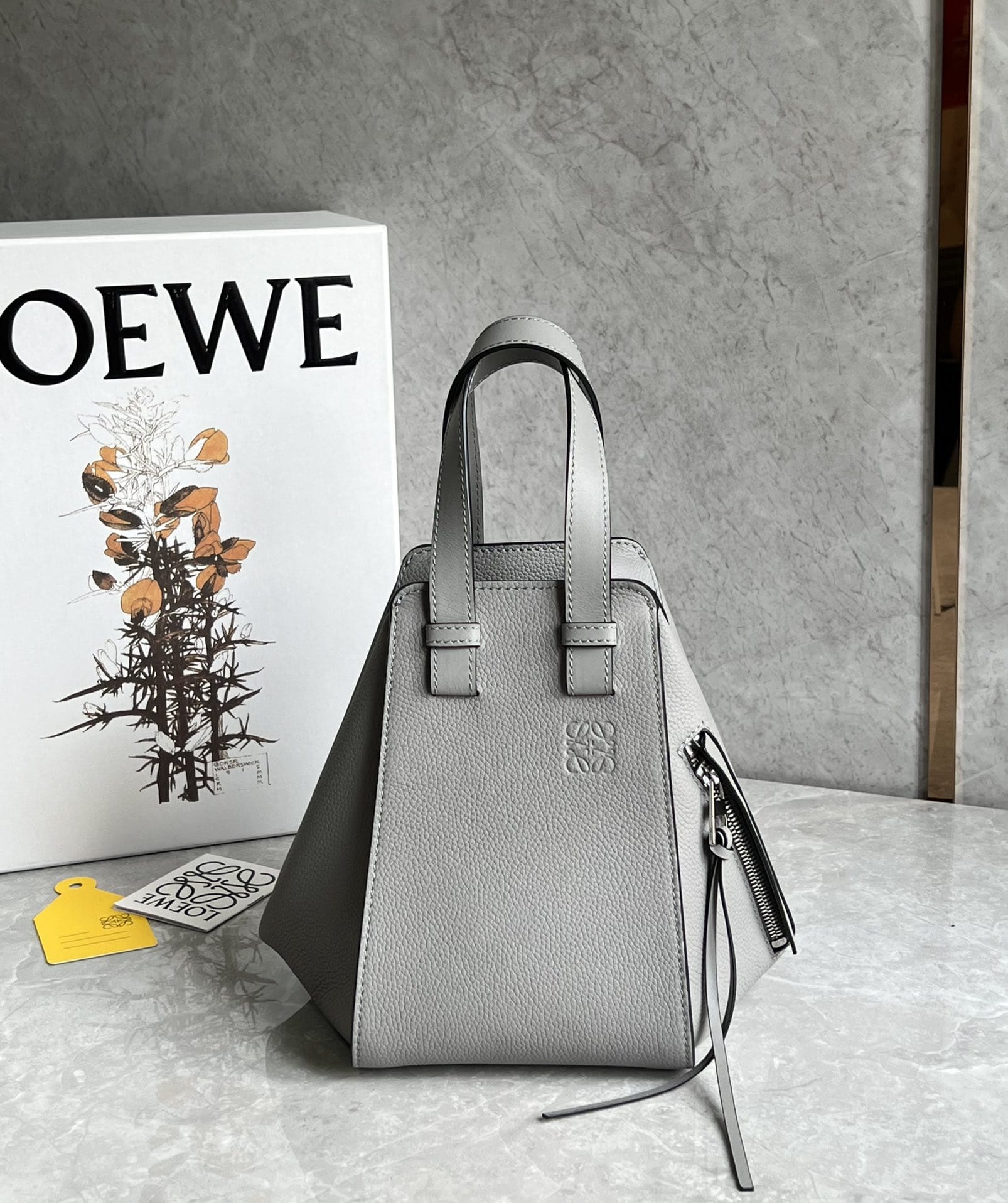 LOEWE Compact Hammock Bag In Soft Grained Calfskin - Pearl Grey