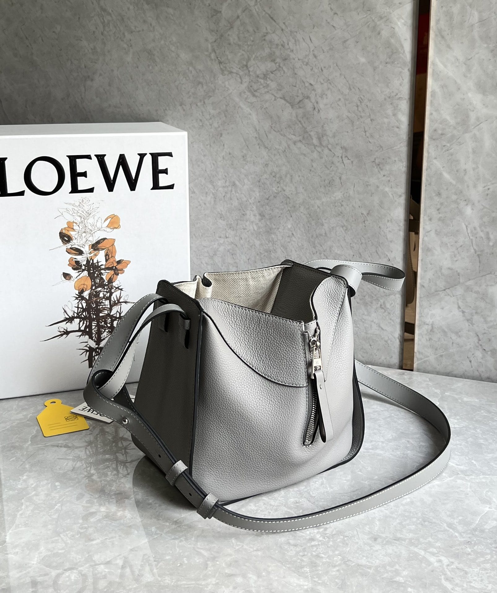 LOEWE Compact Hammock Bag In Soft Grained Calfskin - Pearl Grey