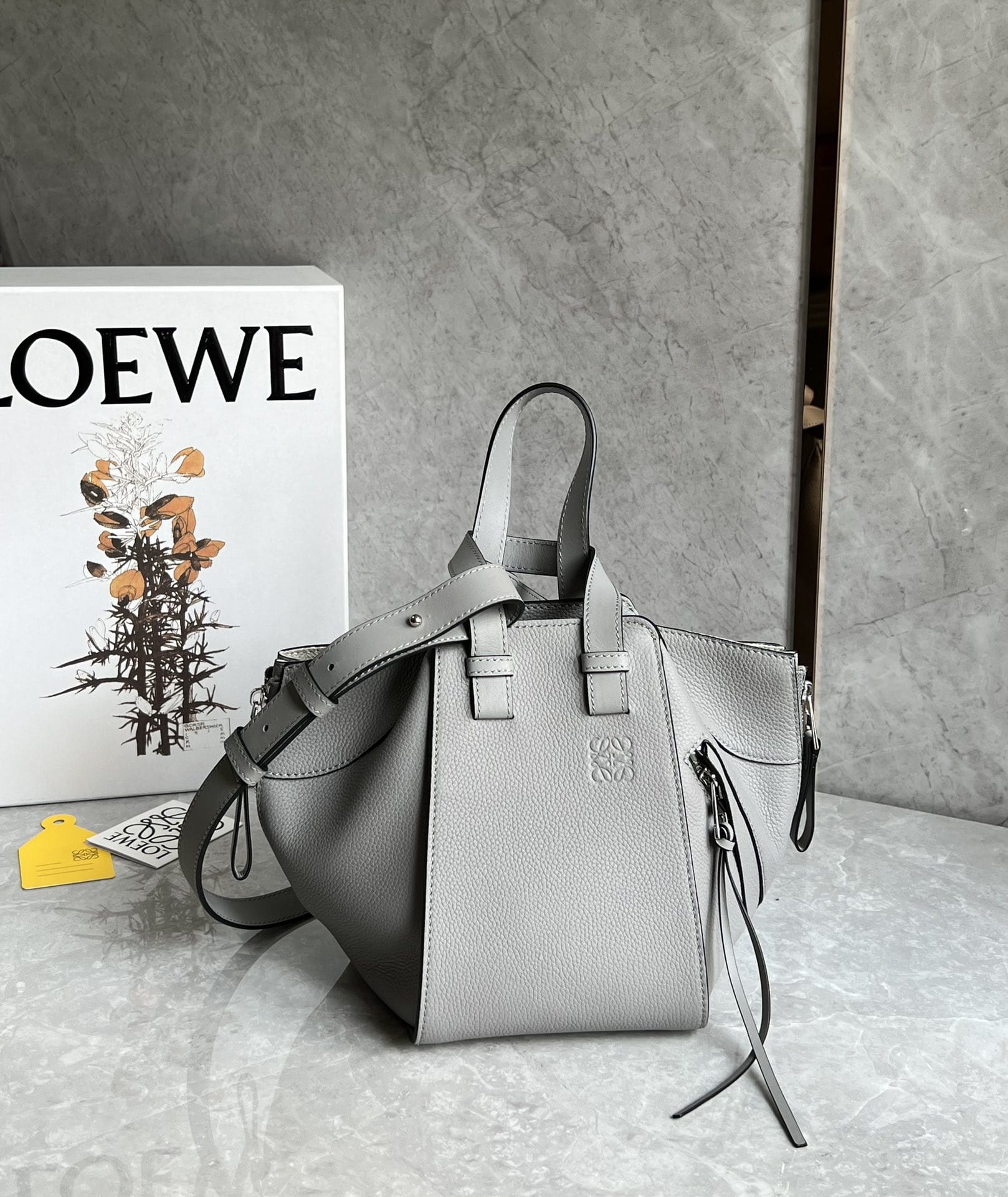 LOEWE Compact Hammock Bag In Soft Grained Calfskin - Pearl Grey