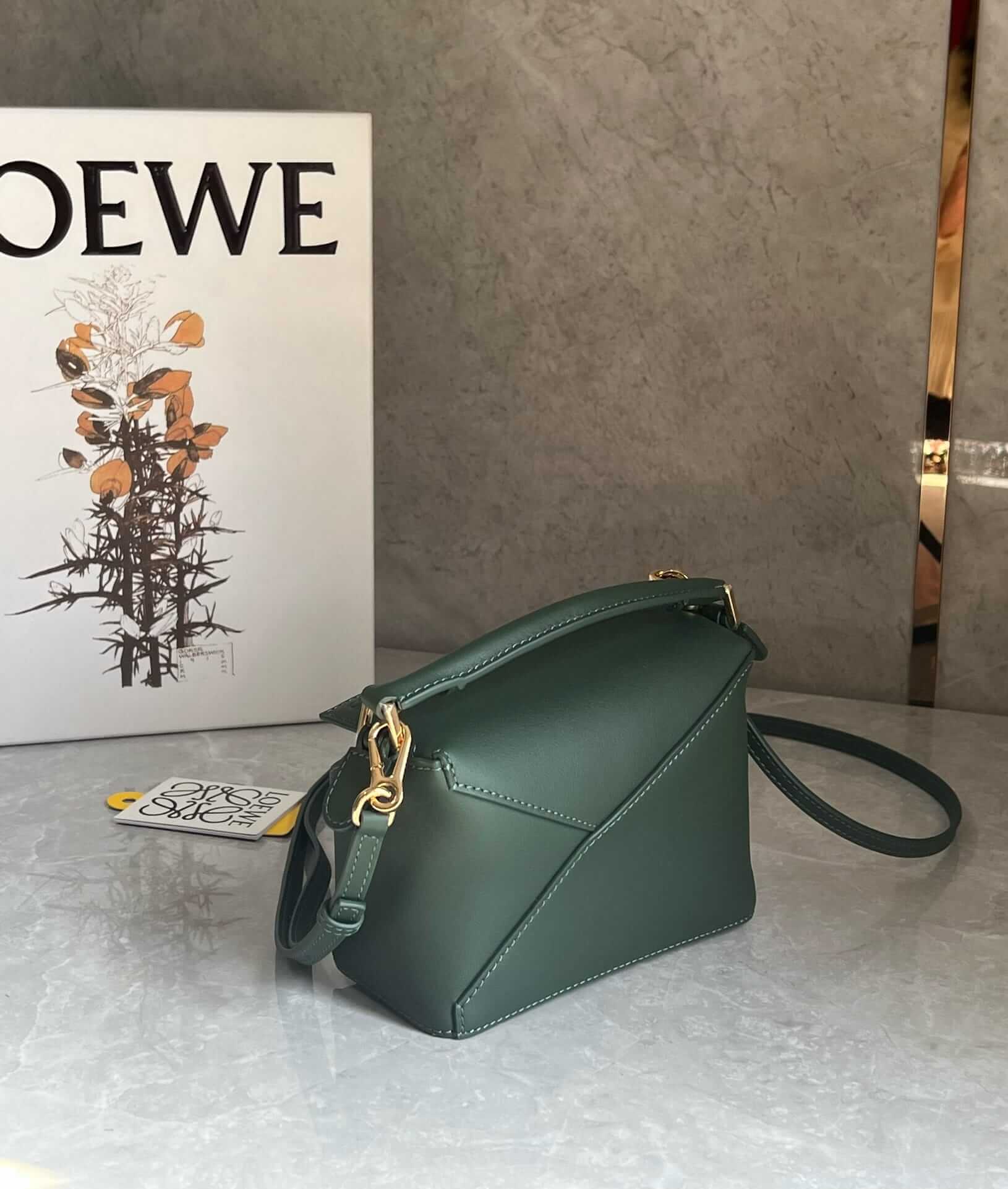 LOEWE Mini Puzzle Bag In  Calfskin - Bottle Green