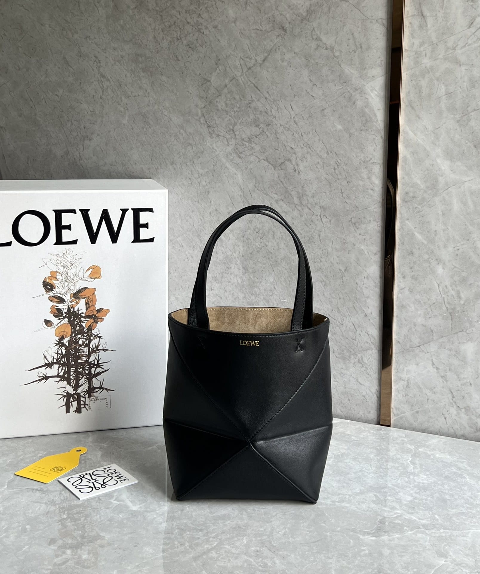 LOEWE Mini Puzzle Fold Tote Bag In Calfskin - Black