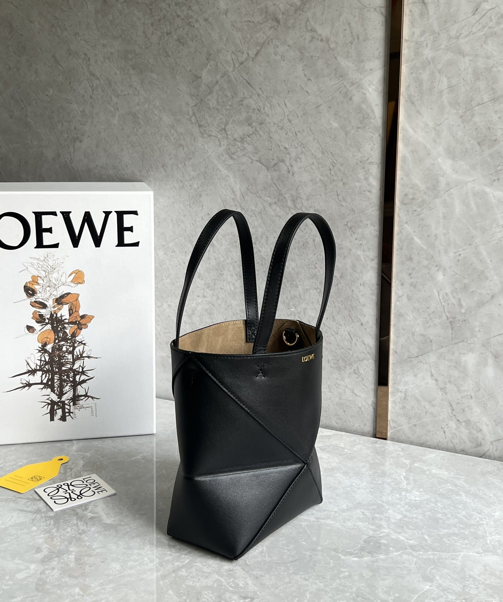 LOEWE Mini Puzzle Fold Tote Bag In Calfskin - Black