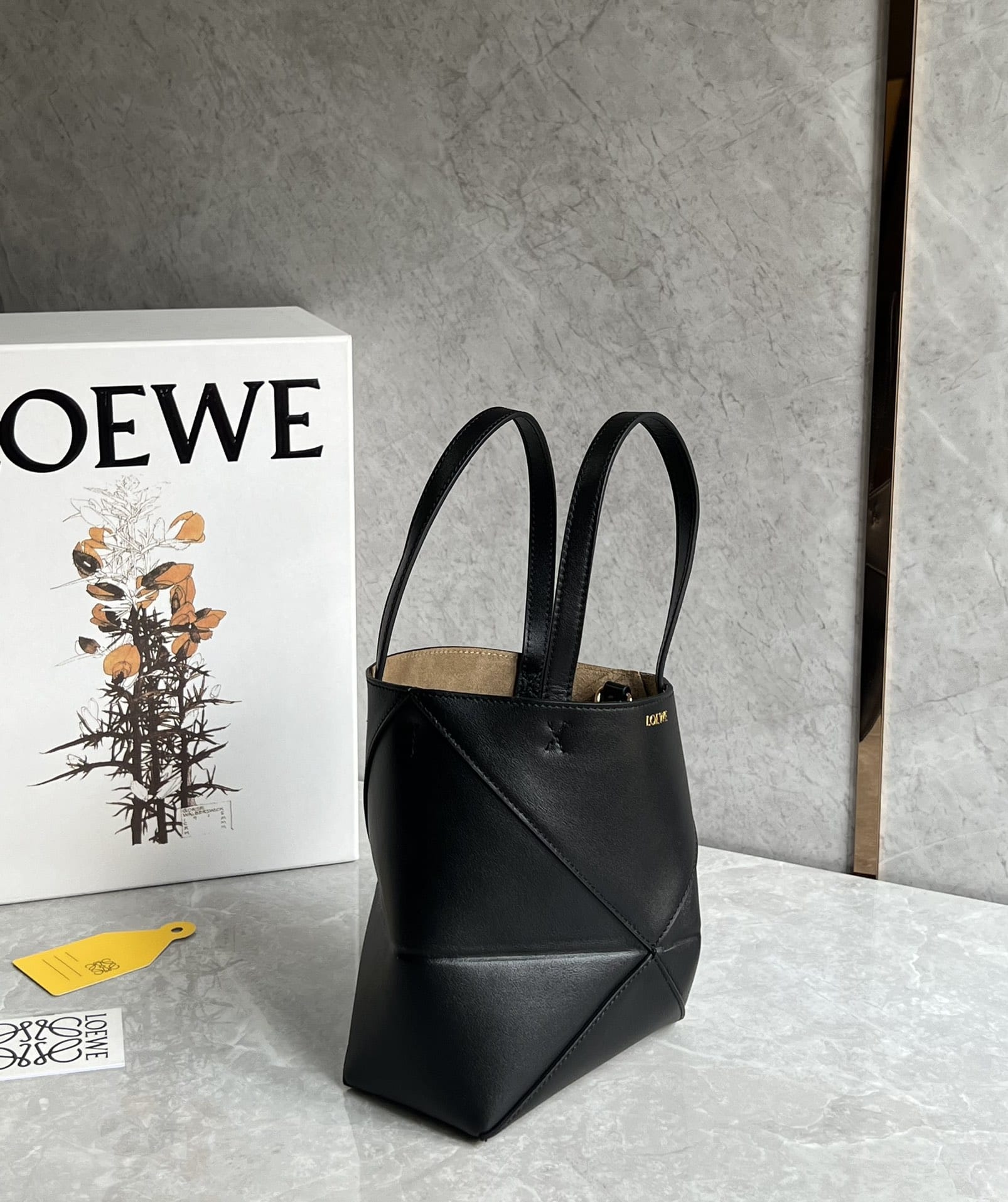 LOEWE Mini Puzzle Fold Tote Bag In Calfskin - Black