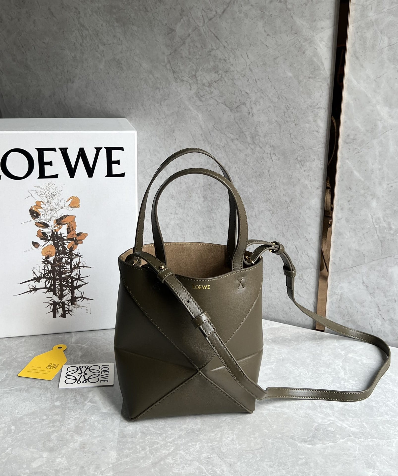 LOEWE Mini Puzzle Fold Tote Bag In Calfskin - Dark Khaki Green