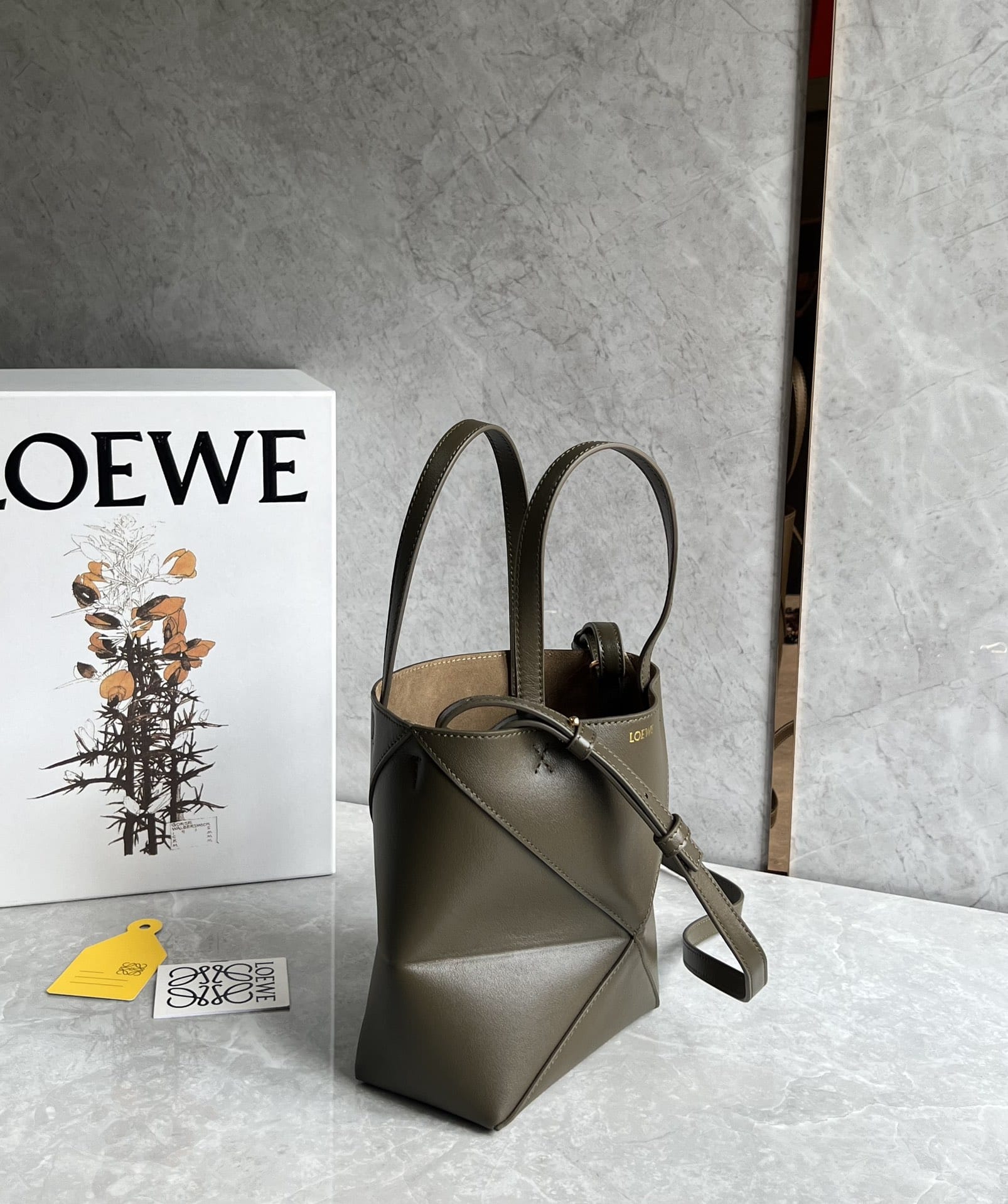 LOEWE Mini Puzzle Fold Tote Bag In Calfskin - Dark Khaki Green