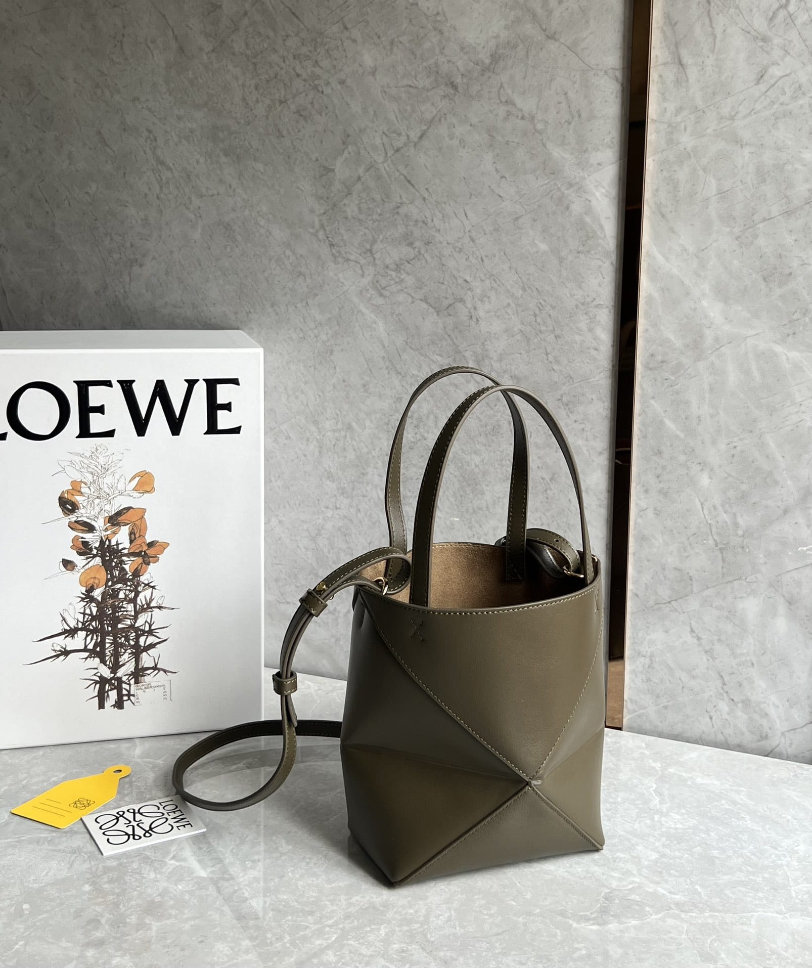 LOEWE Mini Puzzle Fold Tote Bag In Calfskin - Dark Khaki Green