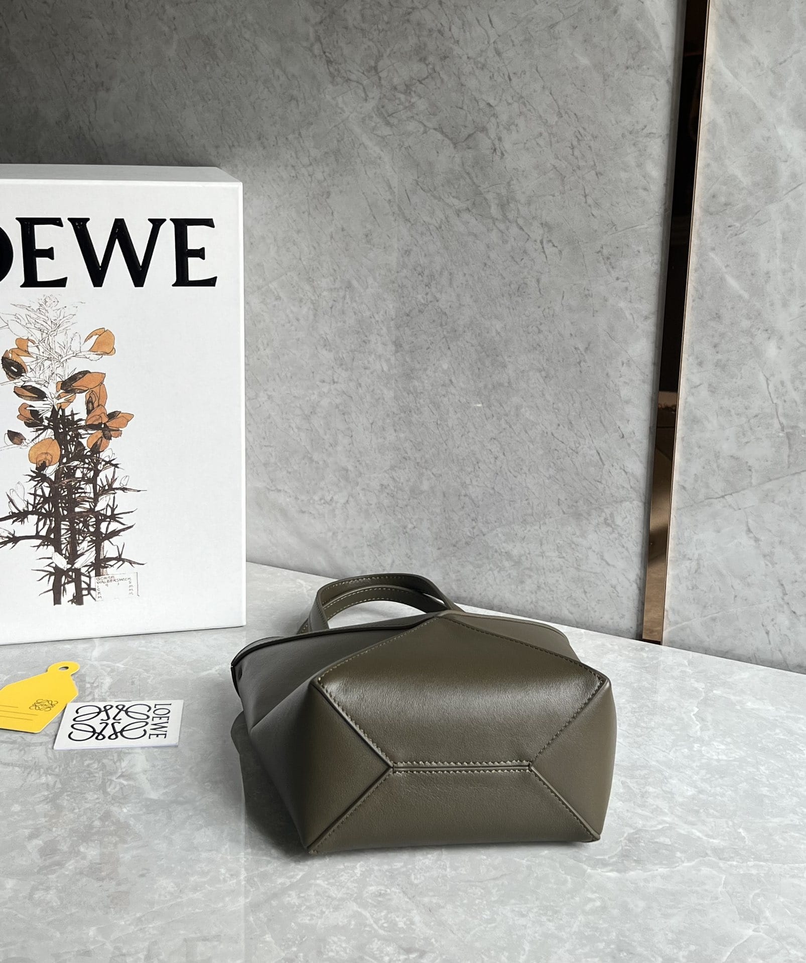 LOEWE Mini Puzzle Fold Tote Bag In Calfskin - Dark Khaki Green