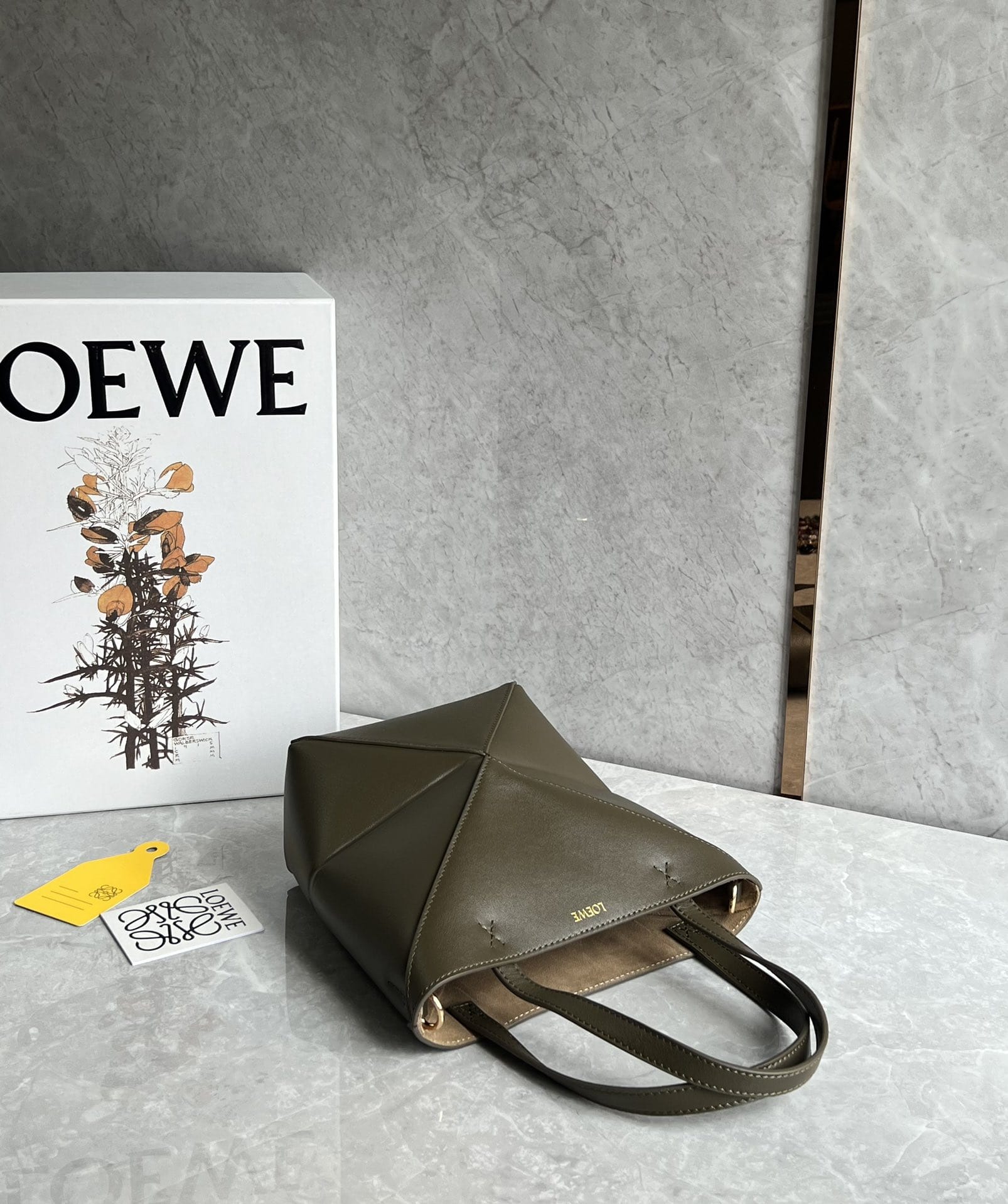 LOEWE Mini Puzzle Fold Tote Bag In Calfskin - Dark Khaki Green