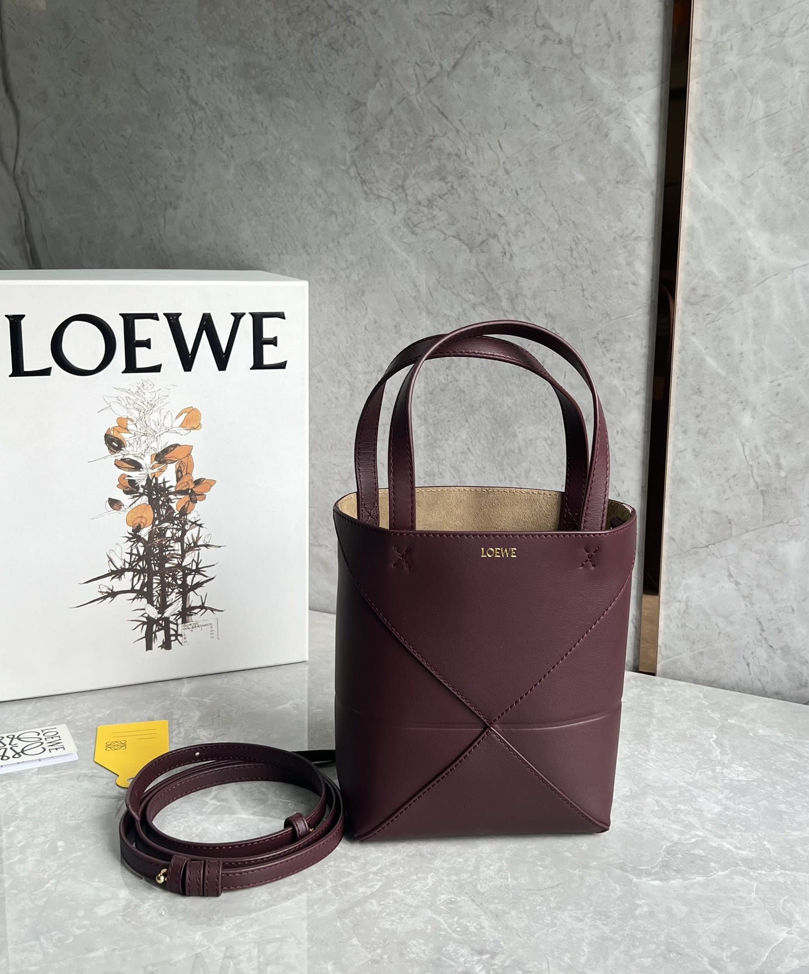 LOEWE Mini Puzzle Fold Tote Bag In Calfskin - Dark Burgundy