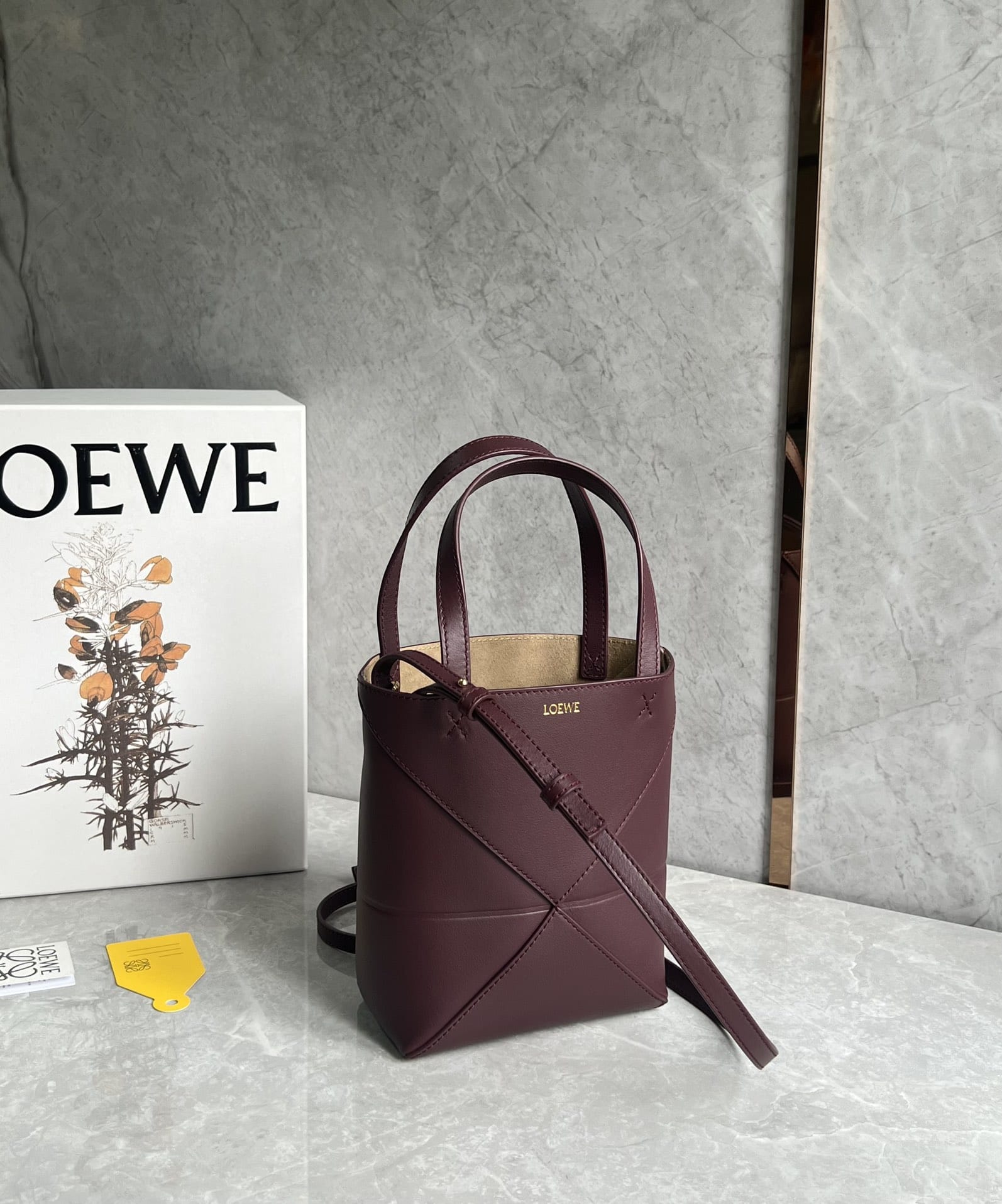 LOEWE Mini Puzzle Fold Tote Bag In Calfskin - Dark Burgundy