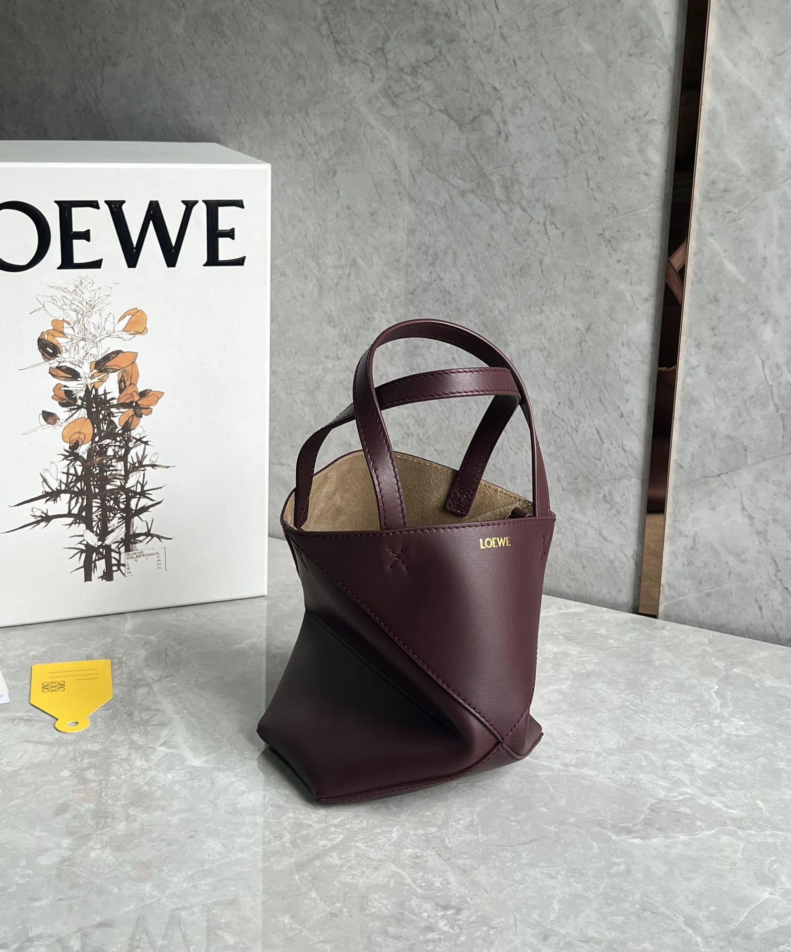 LOEWE Mini Puzzle Fold Tote Bag In Calfskin - Dark Burgundy