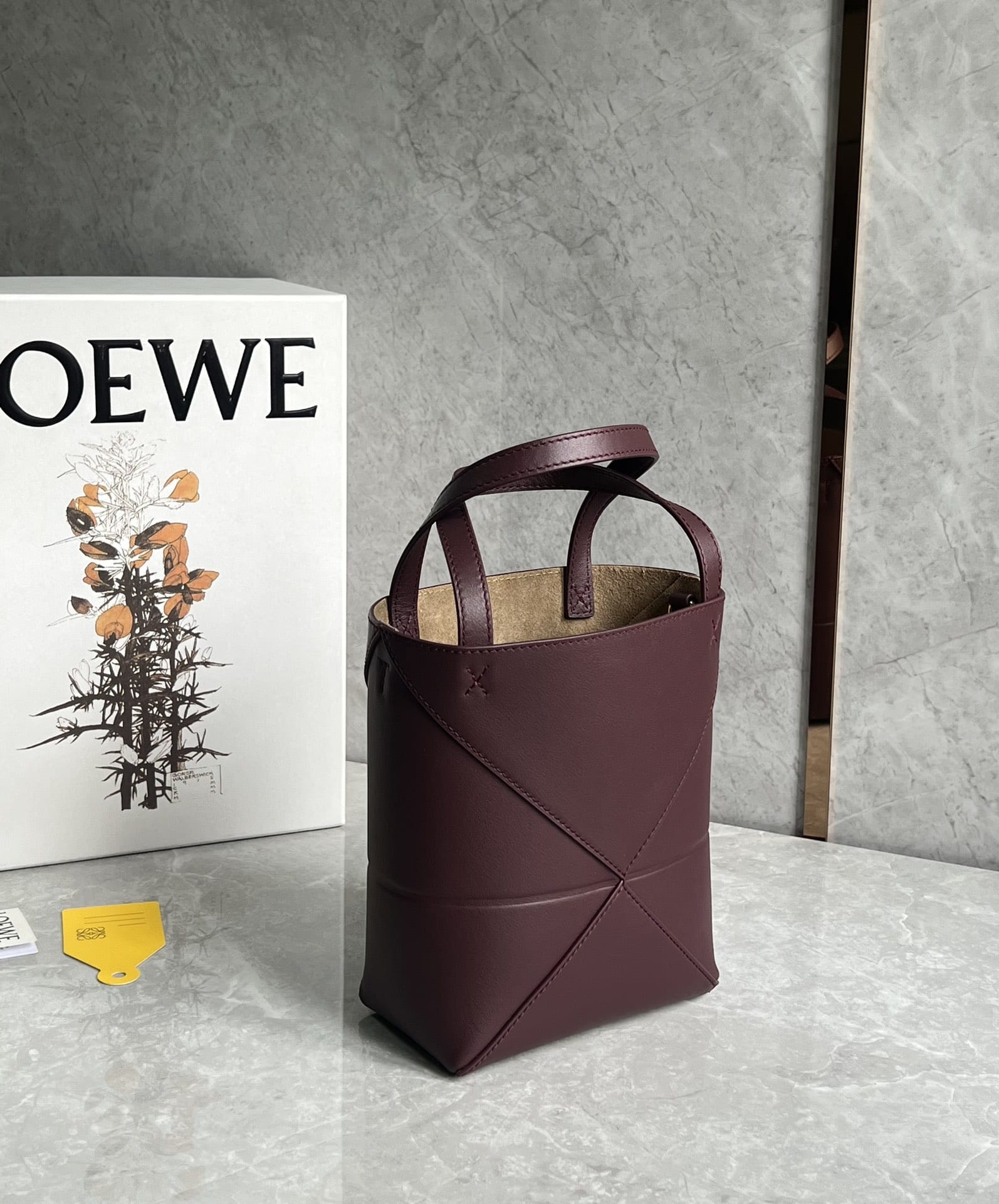 LOEWE Mini Puzzle Fold Tote Bag In Calfskin - Dark Burgundy