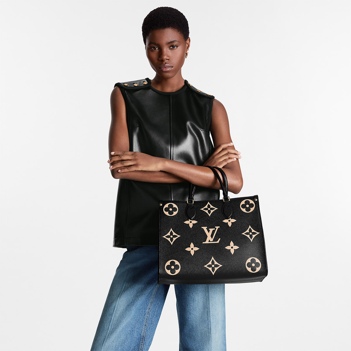 Louis Vuitton OnTheGo MM Toto Bag in Bicolor Monogram Empreinte Leather - Black/Beige