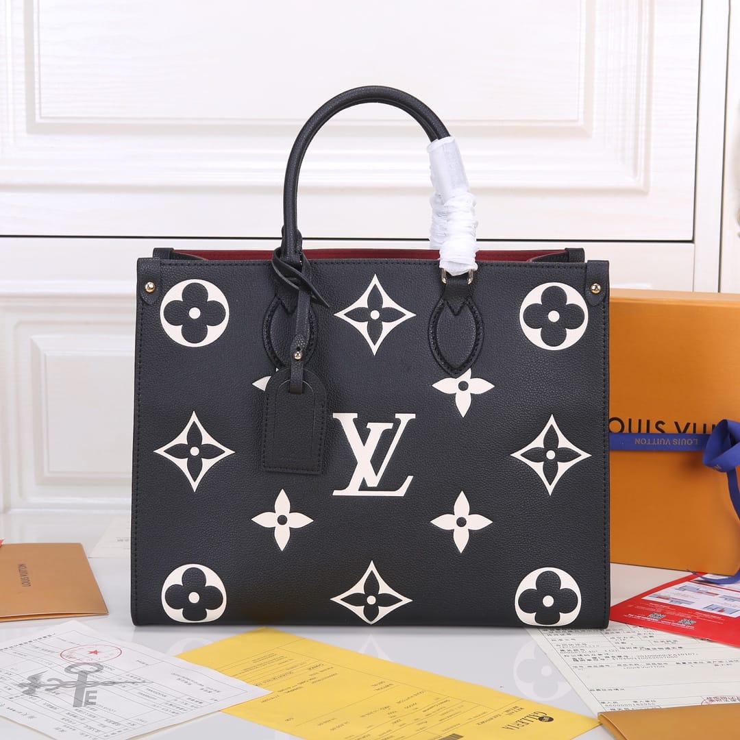 Louis Vuitton OnTheGo MM Toto Bag in Bicolor Monogram Empreinte Leather - Black/Beige