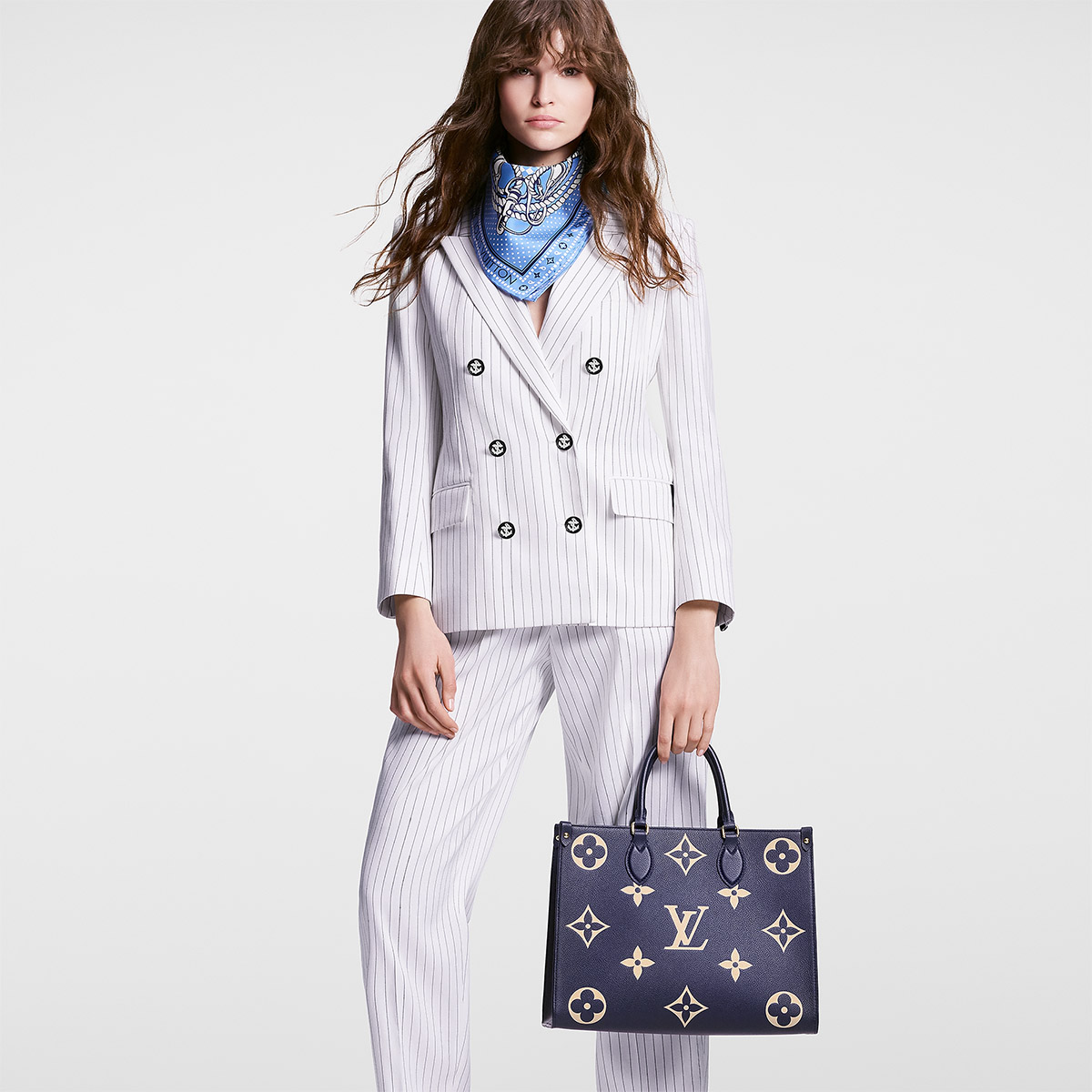 Louis Vuitton OnTheGo MM Toto Bag in Bicolor Monogram Empreinte Leather - Navy Blue/Cream