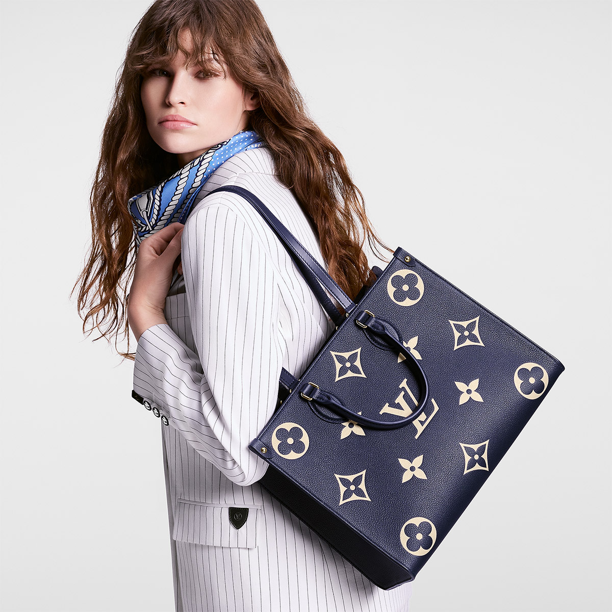 Louis Vuitton OnTheGo MM Toto Bag in Bicolor Monogram Empreinte Leather - Navy Blue/Cream