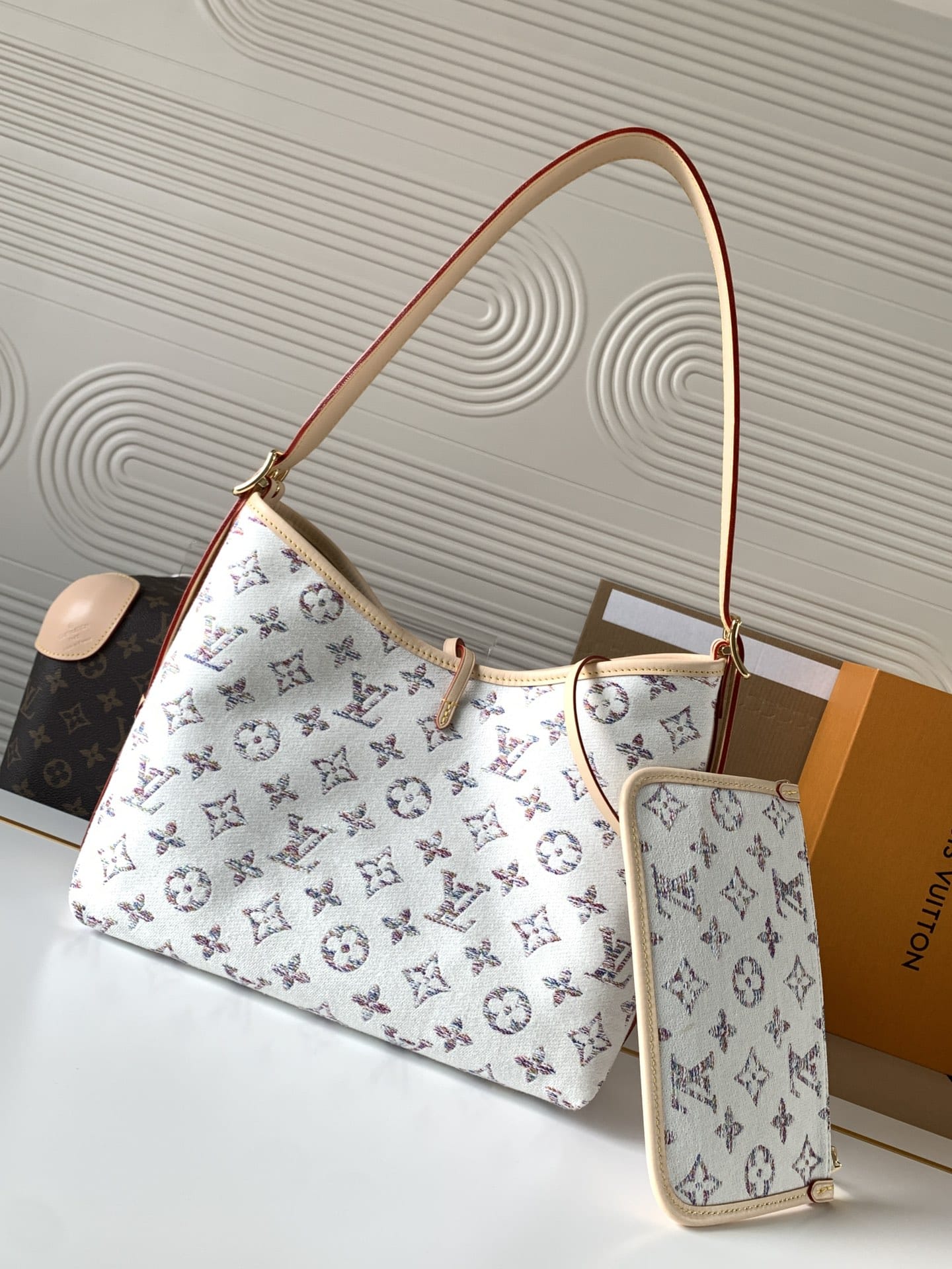 Louis Vuitton CarryAll PM Shoulder Bag in Monogram Jacquard Fabric - Multicolor Beige