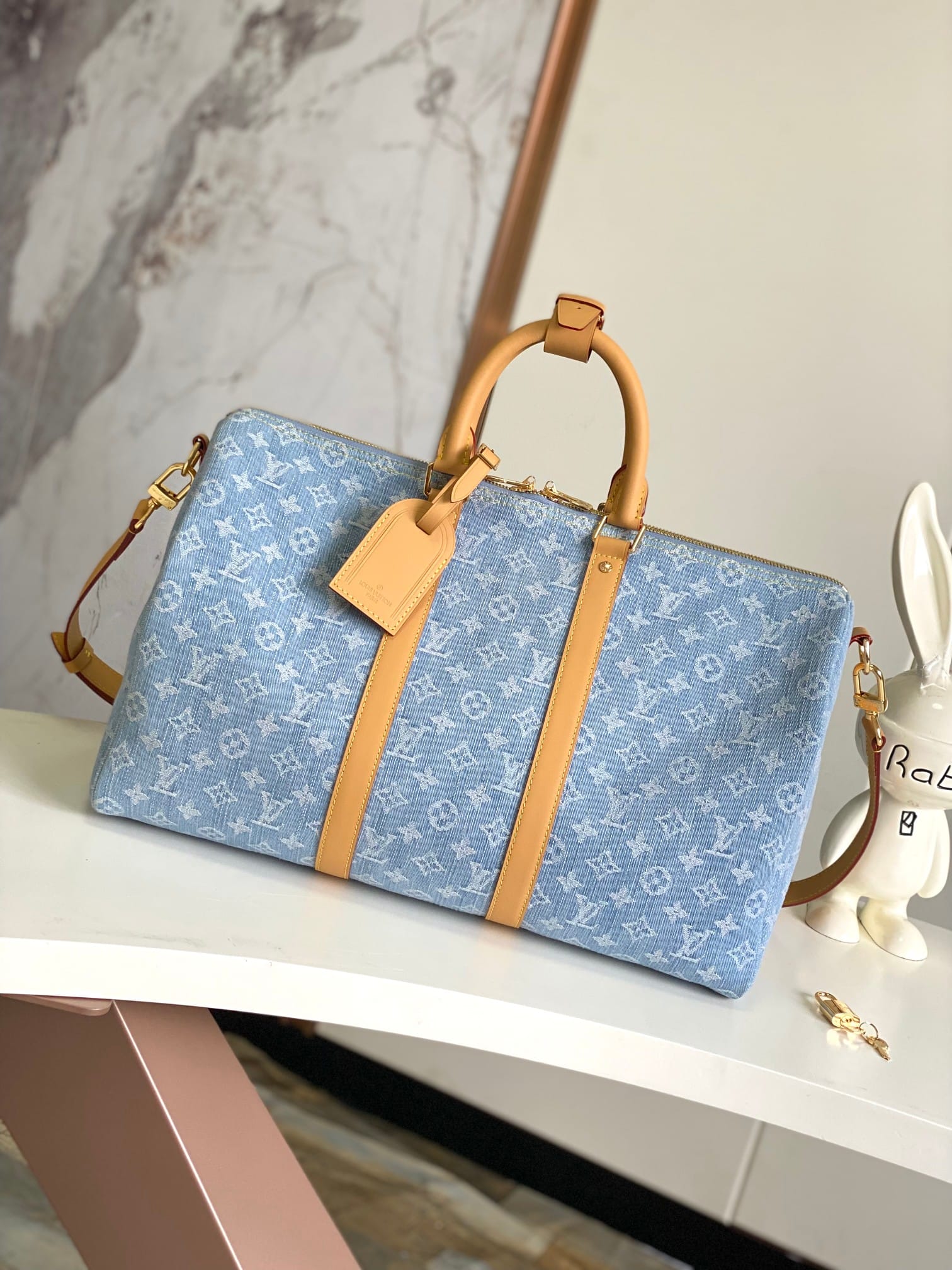 Louis Vuitton Keepall Bandoulière 45 Bag in Monogram Denim - Sky Blue Denim